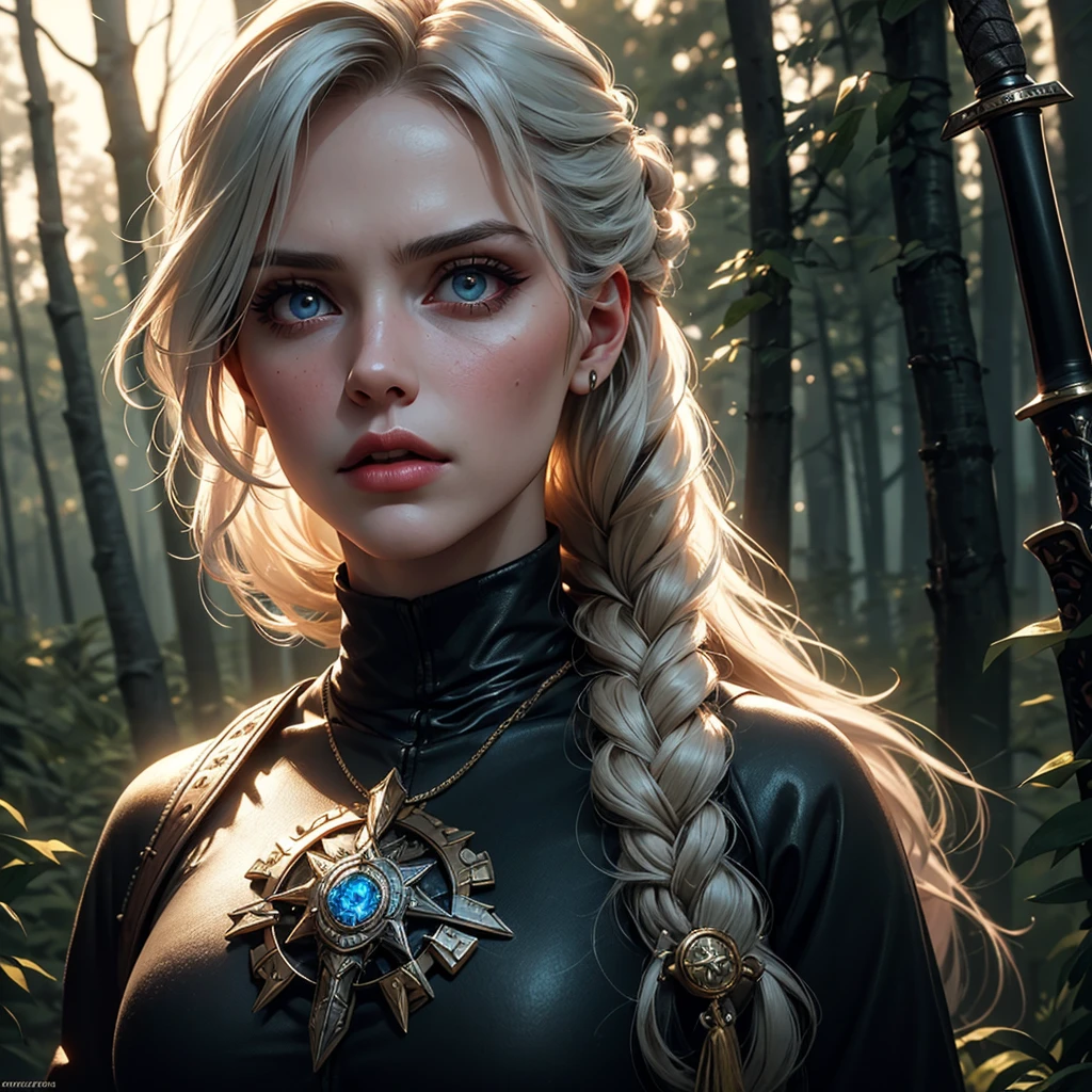 (best quality,4k,highres,masterpiece:1.2),Ciri,girl,detailed eyes,detailed lips,longeyelashes,beautiful face,determined,intense look,braided hair,expressive eyes,witcher medallion,dark fantasy,medieval,sword,fierce,strong,warrior,action pose,dangerous,forest background,moody lighting,vivid colors,realistic painting style