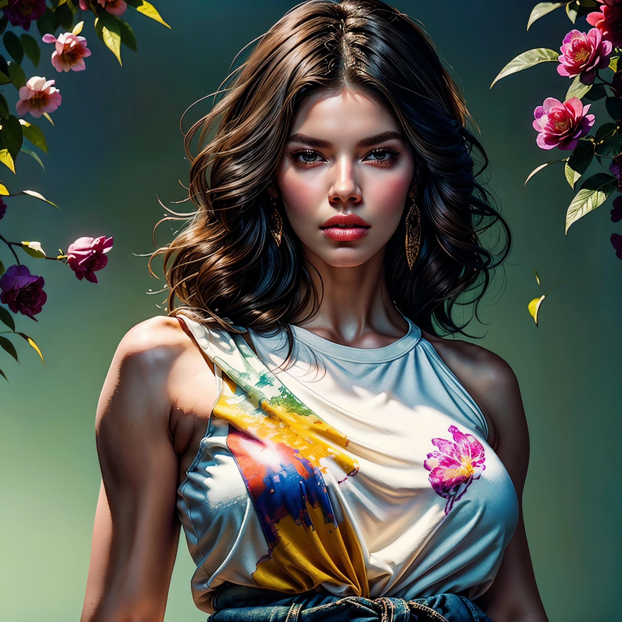 style FANTASTIC::Marc Silvestri ::5.0 COMIX illustration style, Fantastic Paintings--quality ,illustration style, DETAILED ,TATOON STYLE , Adriana Lima ,beautiful woman with long straight haiR ULTRA DETAILED, (beautiful and clear background:1.2), (extremely detailed CG, ultra-detailed, best shadow:1.1), ((depth of field)), ((watercolor)), large breasts(with jeans and a white t-shirt or dress:1.3), bare shoulders, flowers and petals, beautiful concept illustration , (white background:0.5), (illustration :1.1), (extremely fine and beautiful:1.1), (perfect details:1.1) varied multi etc. --v 6 --s 1000 --c 20 --q 20 --chaos 100