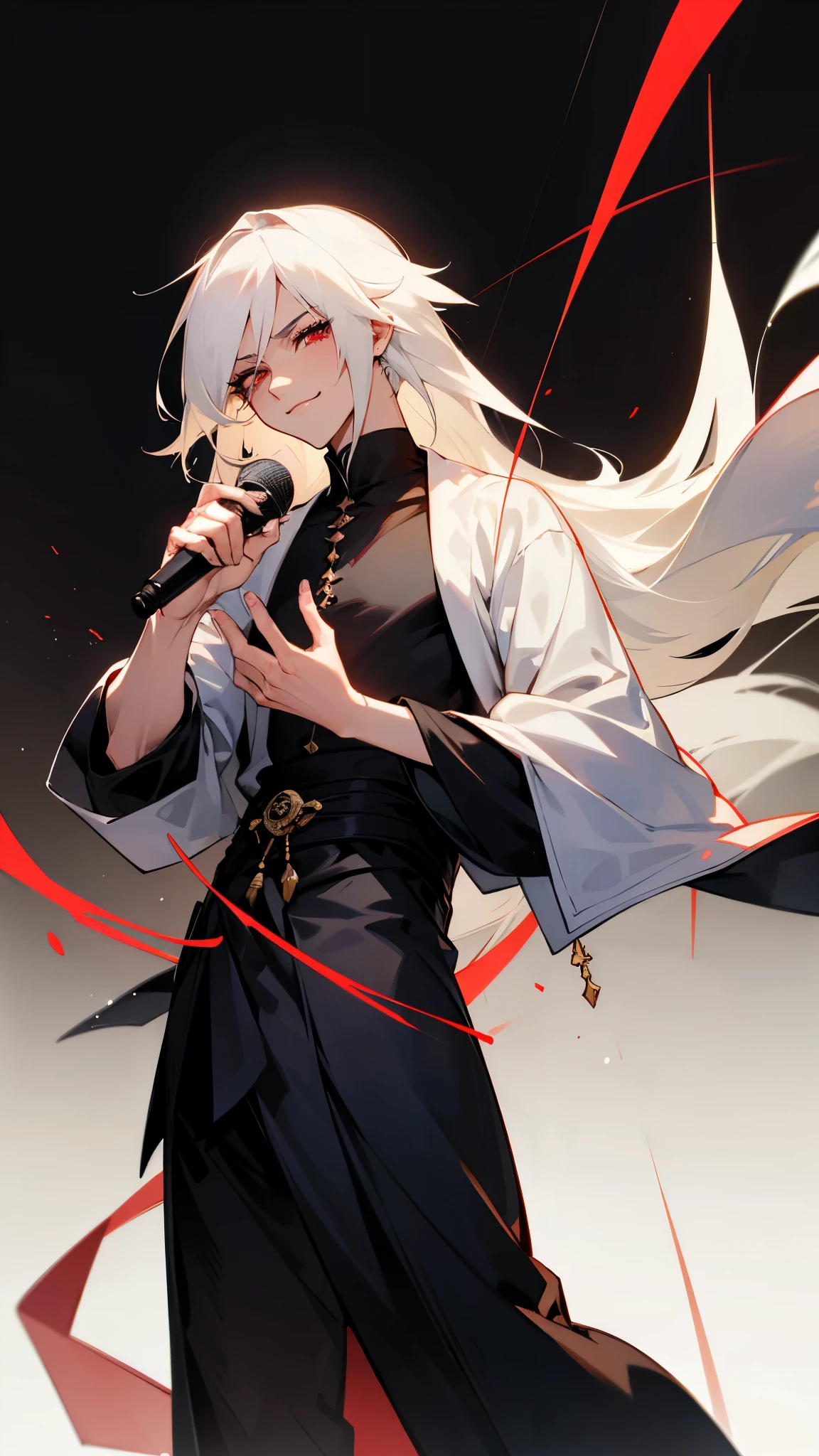 full body, male singer holding a microphone, 姫カット, visualkei, plain background, dark make up, smirk, long straight white hair, white lashes, final fantasy style clothes with many details, one eye red and one eye green