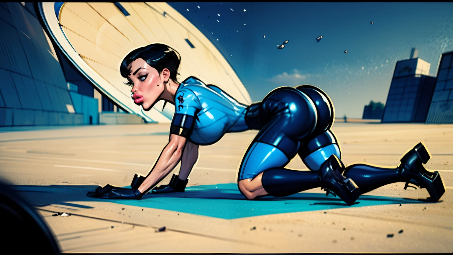 (Laying on all fours), Lean fit agent honeydew girl from the dark knight stands imposing in a gothic lost city. (((Short hair))), Blue bicycle tights, ((tight blue bicycle shorts:1.5)), (black boots) (black gloves), black hair, (gigantic breasts), Moonlight highlights her fit and lean figure, intricate bicyclist suit, logo on shoulder, (black utility belt), The scenery is grim and mysterious, with futuristic tech and surroundings. The camera details everything, (((masterpiece)))