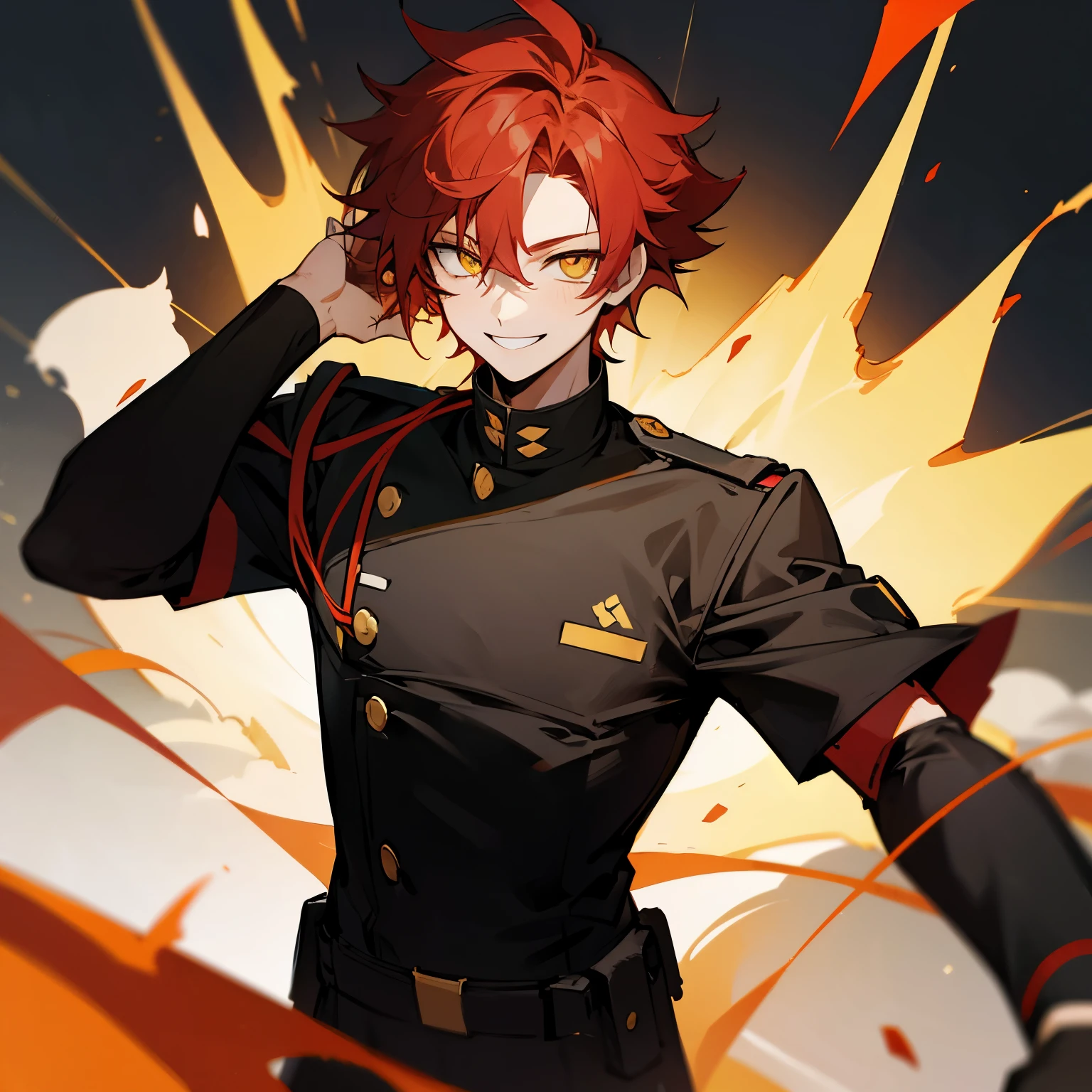 1 boy, red hair, yellow eyes, smiling, black uniform 