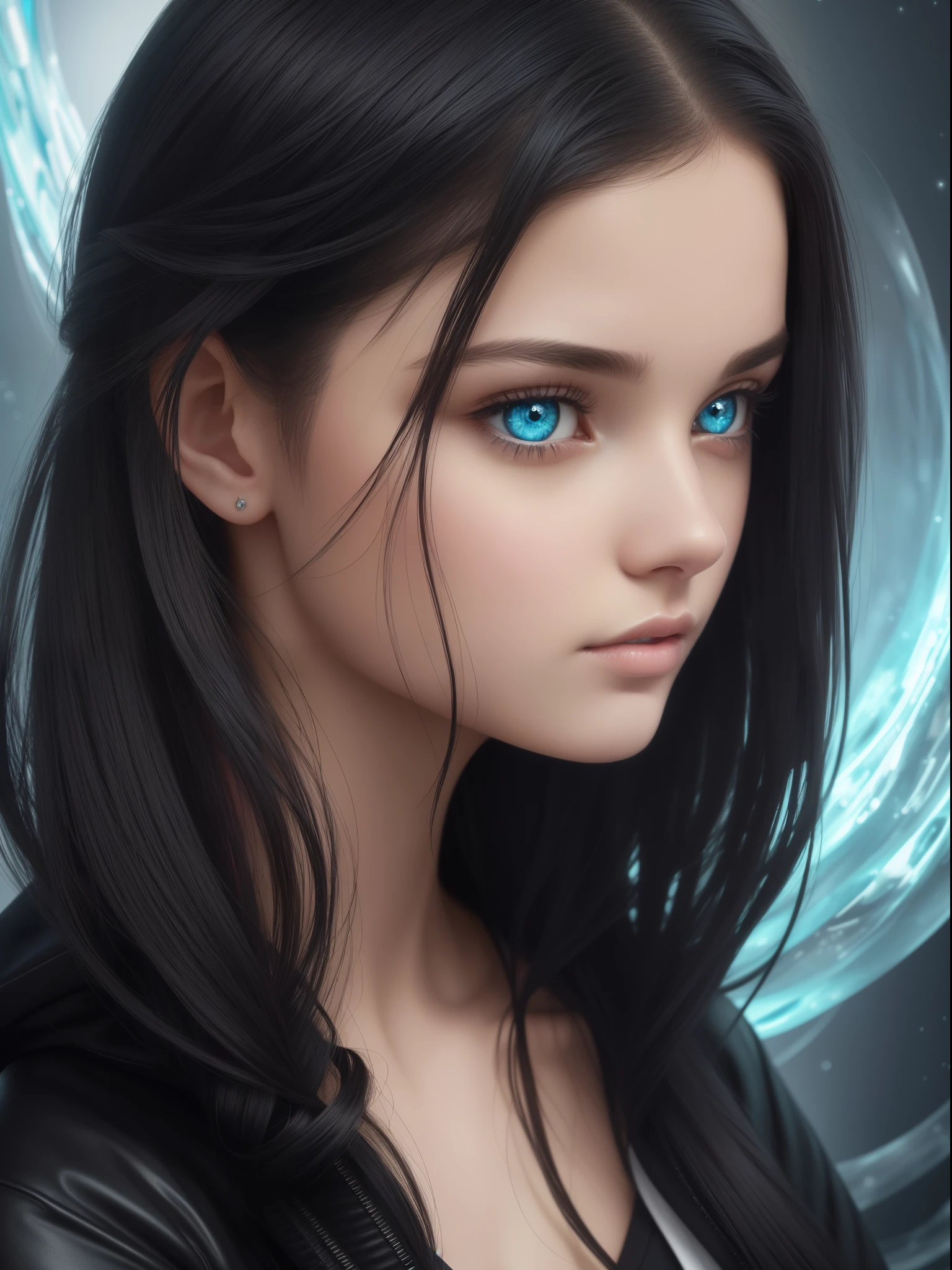 ((top-quality)): This image showcases a girl with an independent aura, donning a black jackets that embraces her cold attitude. She is deeply settled into her surroundings, radiating a sense of calm and relaxation. Her dark hair cascades down in smooth Bob Hair style with linear art detail. ((masterpiece)): Capturing her intricate features, this ultra-detailed image portrays a girl whose beauty is extremely delicate and captivating. Herexpression is highlighted by her inner color contrast between deep-set, cold, and piercing bright blue eyes. The background is icy and cold, adding to her overall enigmatic presence. ((ultra-detailliert)): The girl in this ex