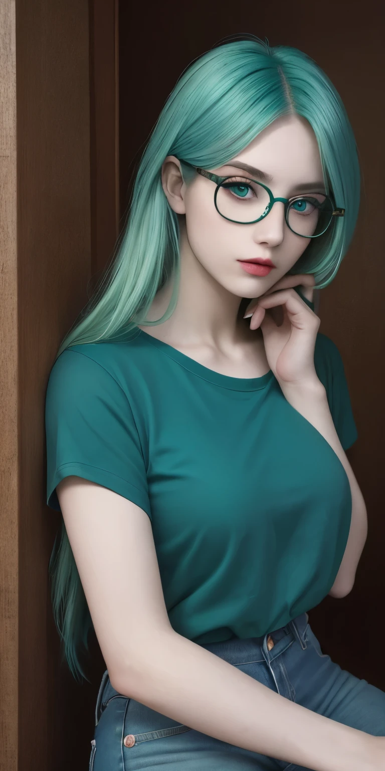 Masterpiece, best quality, 1girl, solo, 23 years old, adult, teal and green hair, aqua eyes, voluptuous, toned, 167cm, pale skin, glasses, seductive expression, olive green tshirt vneck, jeans, cleavage