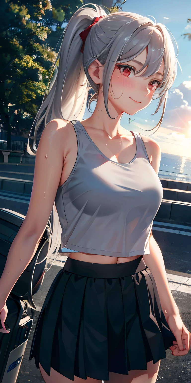 realistic, 1girl, ponytail, parted lips, blush, makeup, light smile, white hair, sportswear, skirt, wet clothes, glow, thighs, purple eye, bare shoulders, collarbone, narrow waist, sunbeam, sunlight, rose, wind, cleavage, (masterpiece), sweat,