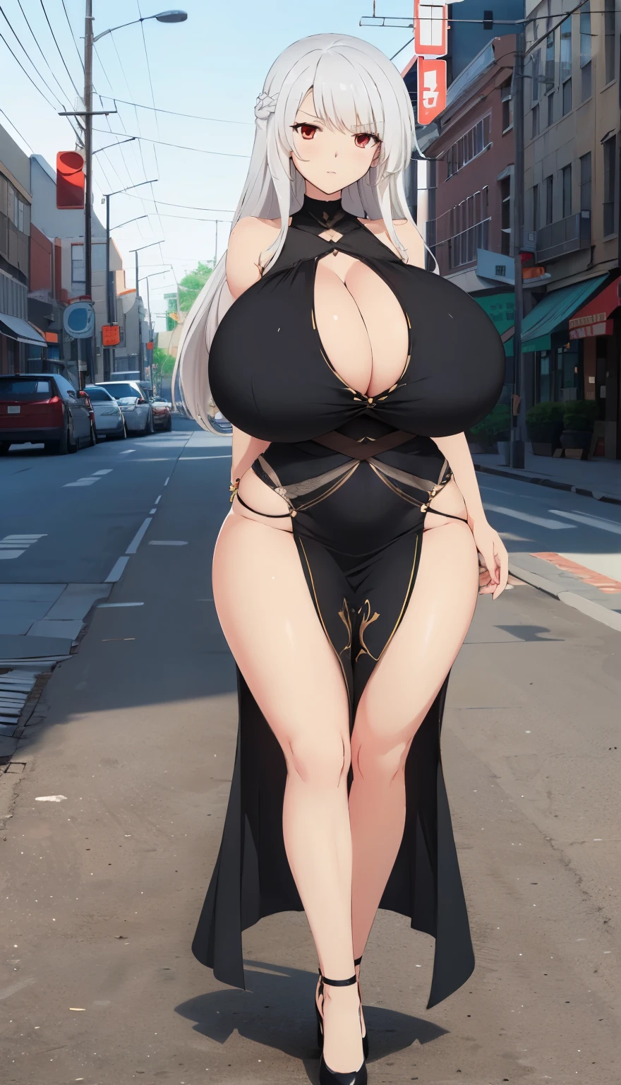 SFW, (revealingblack dress), (gigantic breasts, huge breasts, Big breast), arms behind back, firm breasts, slim waist, curvy figure, (white_hair, red_eyes), long hair, full body