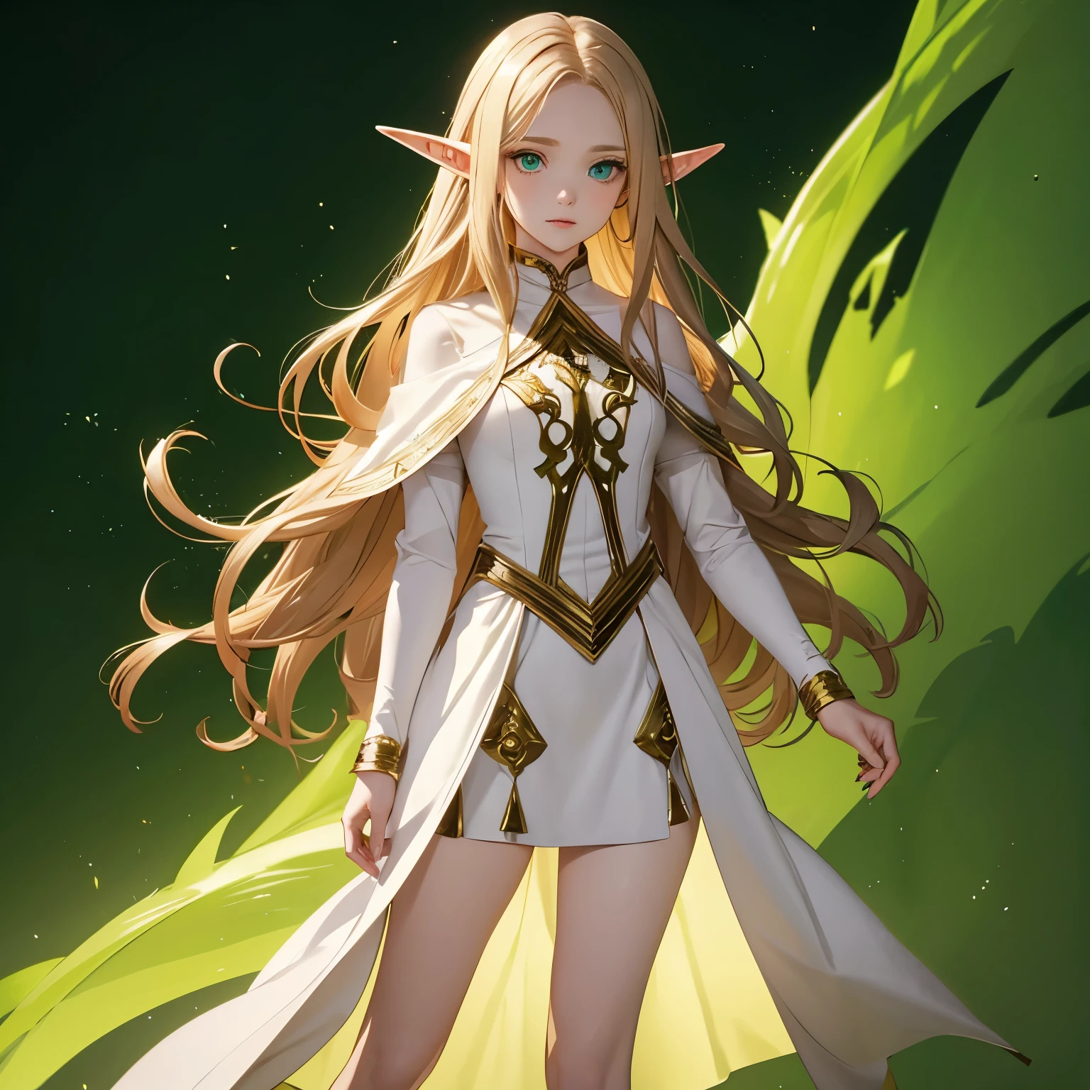 elf with fantasy eyes, straight blonde and brown hair, pale skin, elegant white clothes, lime green background, full body.