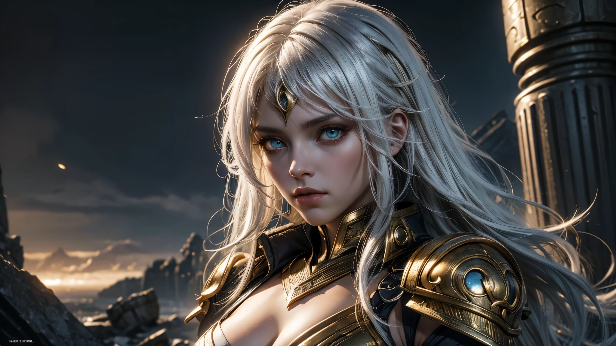 (artwork, offcial art, best quality, best resolution, very detailed, 8k), 1 girl, alone, white hair, messy hair, yellow eyes, goddles, valkrye, looking at viewer, beatiful, asgard, detailed eyes, cinematic lighting
