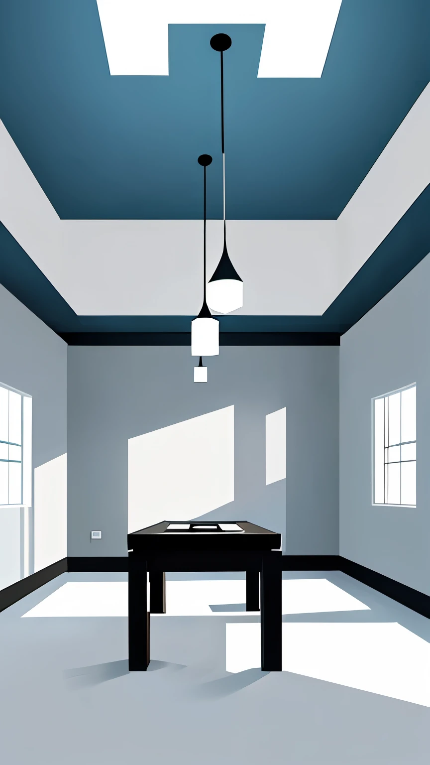 podcast symmetrical minimalist room with a table in the center with no chairs, 2d style, one library at one side, only one light hanging from the ceiling, white walls, no windows, no shadows, animated cartoon style
