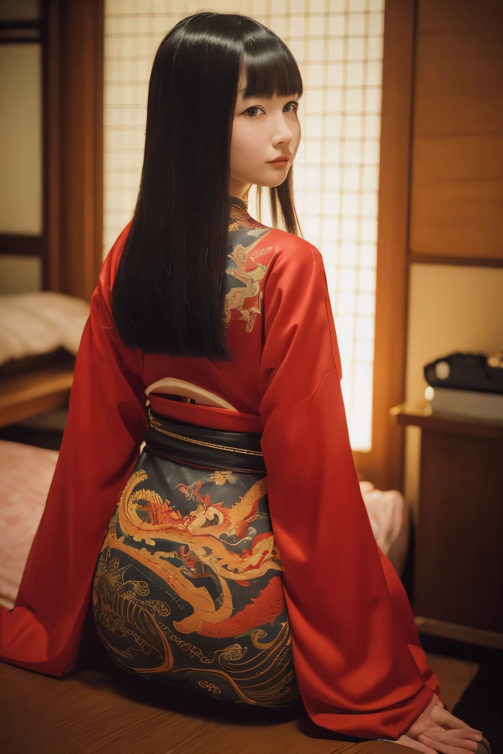 ((Realistic photo: 1.5), young Japanese woman: 1.3, geisha outfit: 1.2, white face: 1.2, prostitute: 1.1, sitting alone: 1.3, studio lighting: 1.3,
 room decoration: 1.2, Japanese style from the 80s: 1.1, reveal back of tattoo: 1.2, very detailed dragons: 1.3,
 Sharpness level: 8k: 1.4, shot with DSLR: 1.2, super35 lens: 1.1, Bokeh: 1.2, low