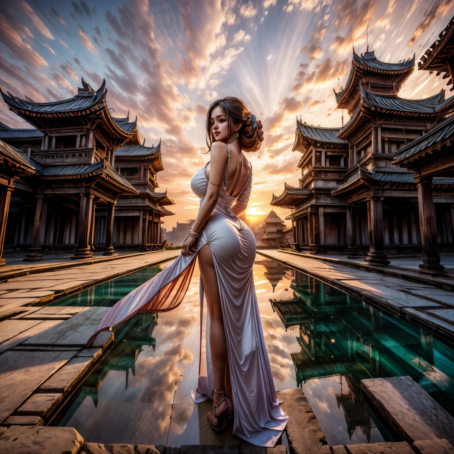 Ancient City at Sunset, young beautiful woman in long dress fashion, full body shot, back view from below, giga_busty