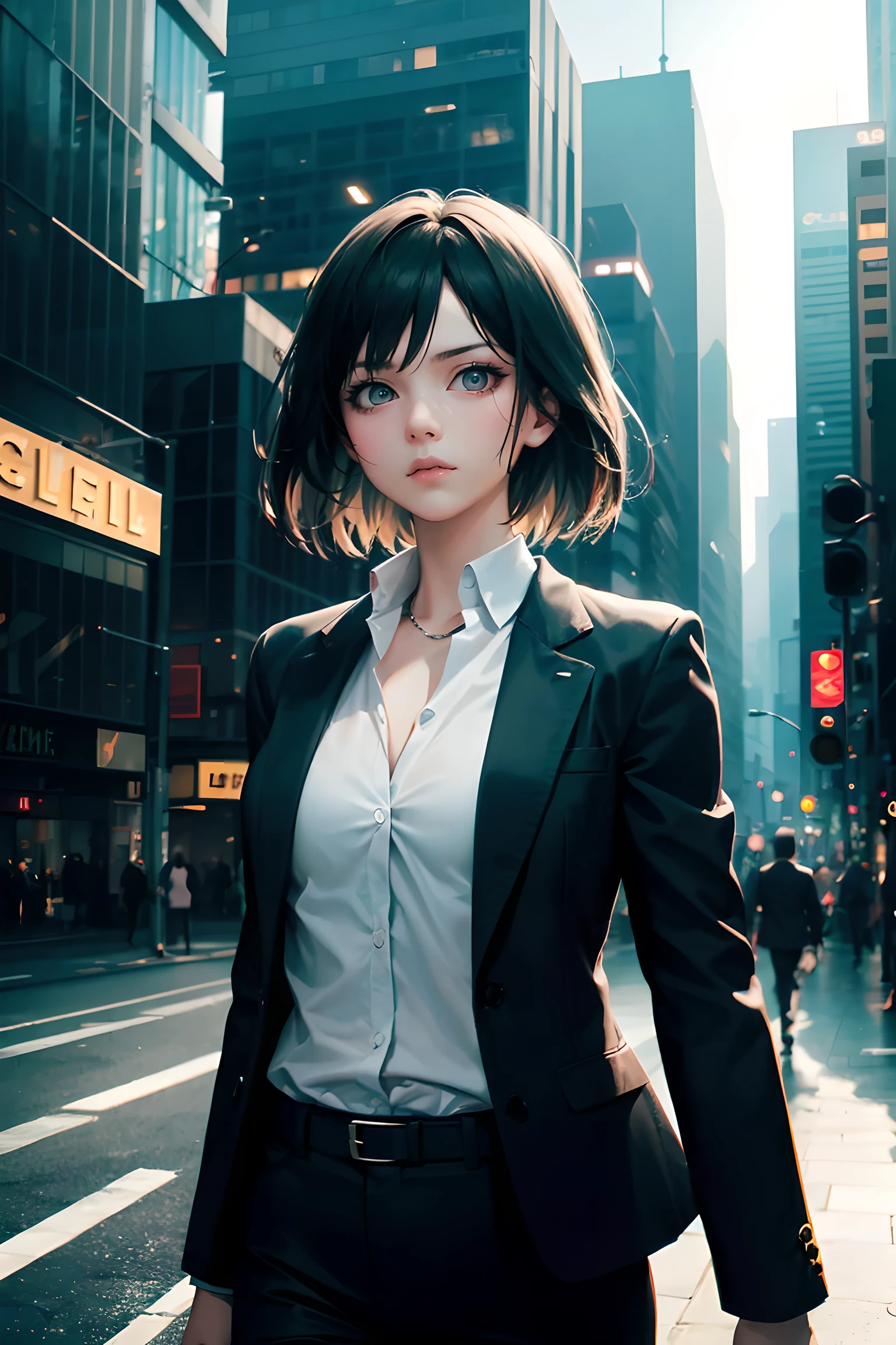 16k, human development report, RTX, Ray tracing, natural lighting, ridiculous, Masterpieces of the highest quality, perfect anatomy、The facial details are very rich, exquisite eyes, 1 girl, alone, wearing a suit, shirt, The top button opens, beautiful hair, extremely beautiful, impatient, cool, Halo, windy, glowing eyes, Serious expression, dystopian city, futuristic, Detailed background, Award-winning, neon lights, Popular topics on art websites