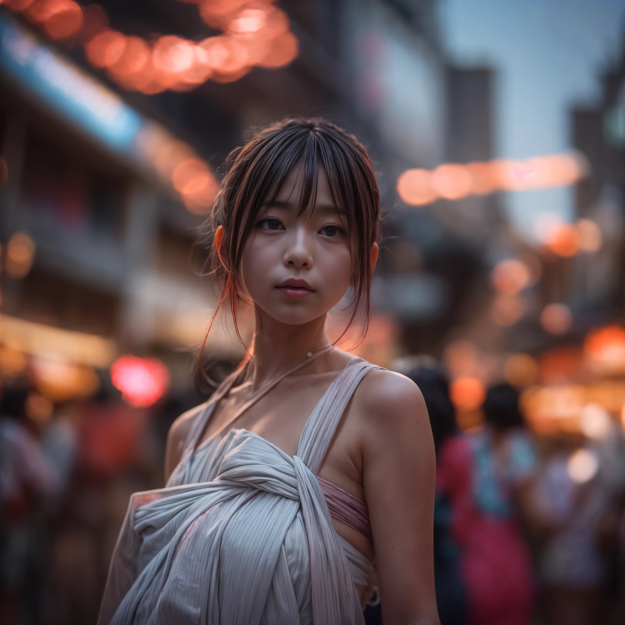 Highly detailed raw photo,, (((topless))), japanese , wearing wedding veil,  (((small breast))), masterpiece, high resolution, HD, 8k, best quality, intricate dtails, night time, city lights in background