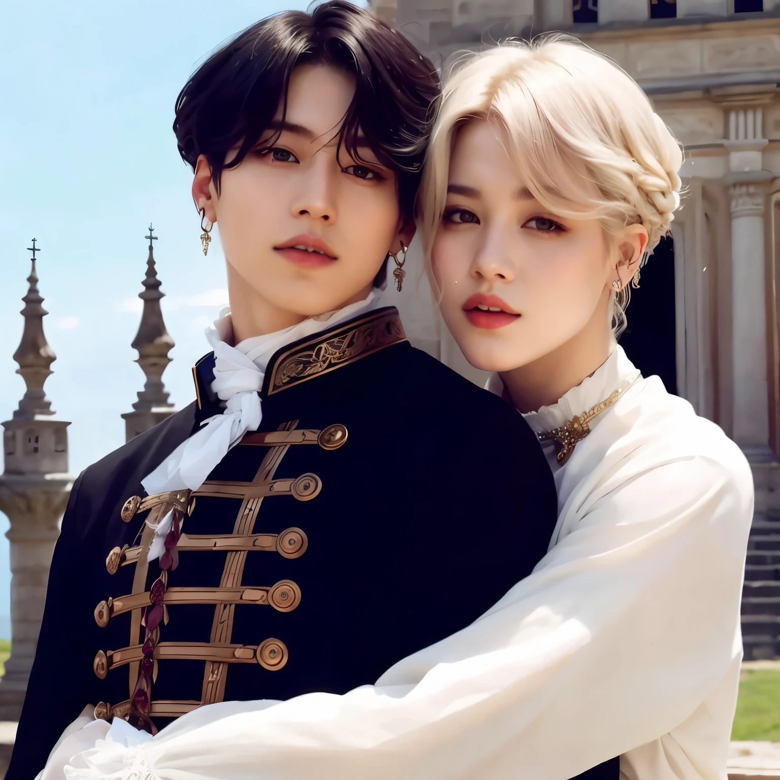 They are posing for a photo in front of a castle, beautiful androgynous prince, ambos vistiendo ropa victoriana, Jimin\la nariz griega, delicate androgynous prince, cai xukun, Jimin, imagen filtrada, park Jimin, retrato, fanart oficial, Jimin\los labios carnosos, obra de arte al estilo de guweiz