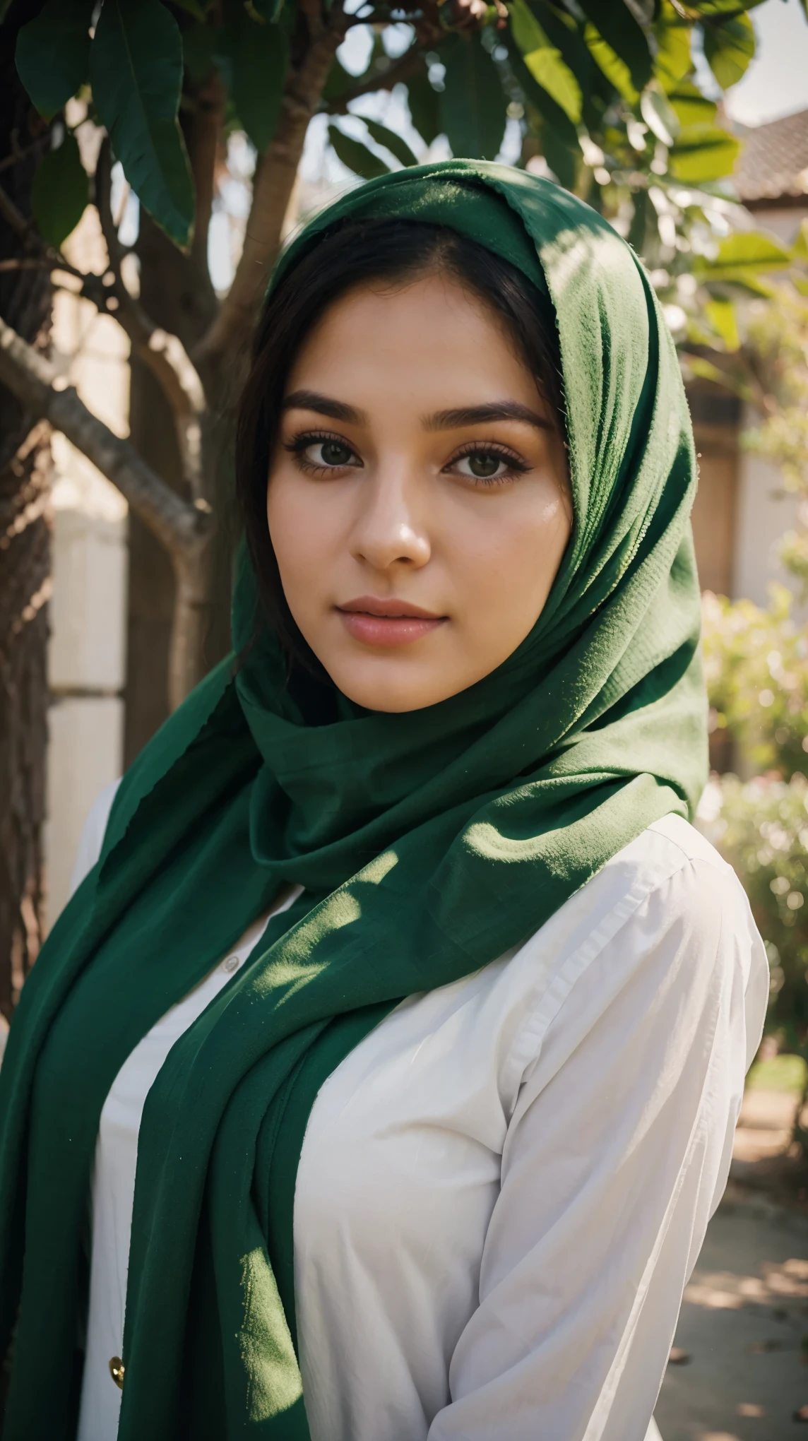 Photorealistic a beautiful lady 25 years old, weraing green hijab on her haed, wearing