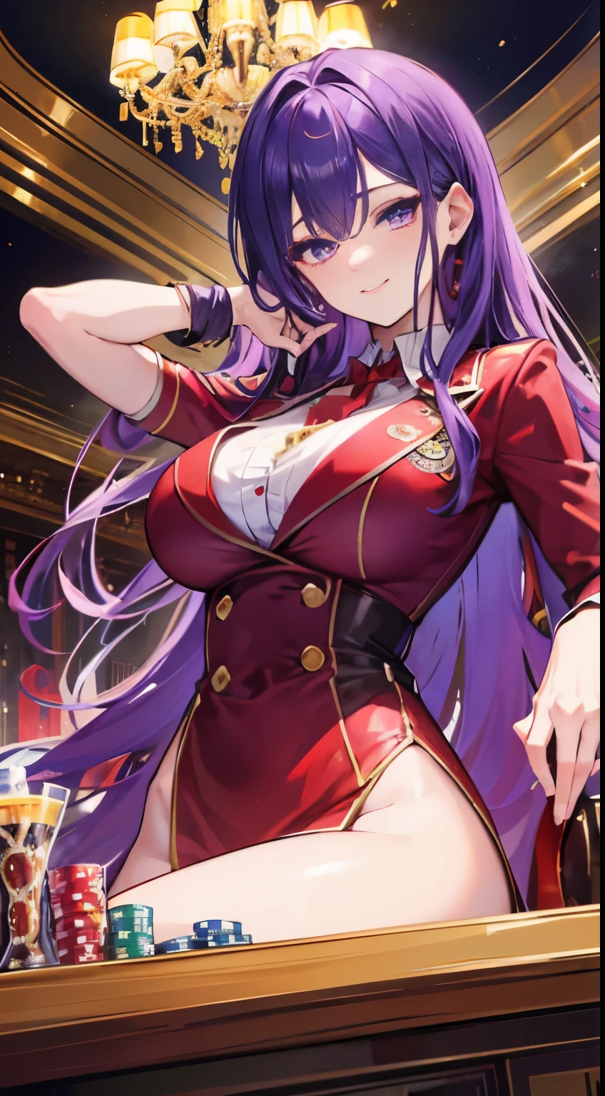 Purple hair girl,braided,purple eyes,big breast,((Red academy uniform)),casino,illustration,highest quality,ultra-detailed,vivid colors,studio lighting,sharp focus (best quality,4k,8k,highres,masterpiece:1.2),extremely detailed eyes and face,longeyelashes,anime,luxury,night scene,beautiful detailed lips,glowing lights,sexy vibe,lively atmosphere,game tables,fancy decorations,golden chandeliers,expensive gambling chips,winning smiles,cocktail glasses,cigarette smoke,confident poses,high-class,rich aesthetic,card games,roulette wheel,playing cards,slot machines,poker chips,money stacks,excitement,thrilling suspense,luck,entertainment.