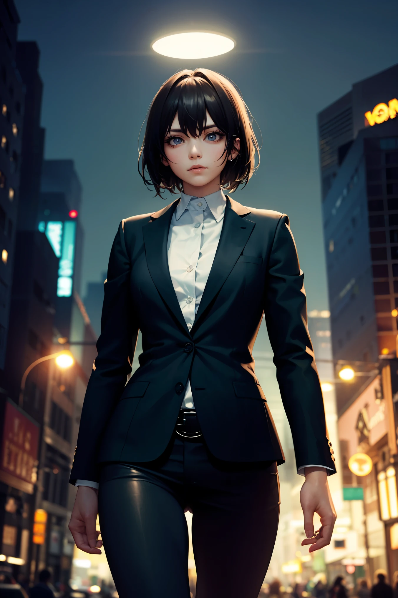 16k, human development report, RTX, Ray tracing, natural lighting, ridiculous, A masterpiece of the best quality, perfect anatomy、Highly detailed face, delicate eyes, 1 girl, alone, wearing a suit, shirt, The top button opens, beautiful hair, extremely beautiful, Impatient, cool, of halos, windy, glowing eyes, Serious expression, dystopian city, futuristic, Detailed background, Award-winning, neon lights, Popular topics on art sites