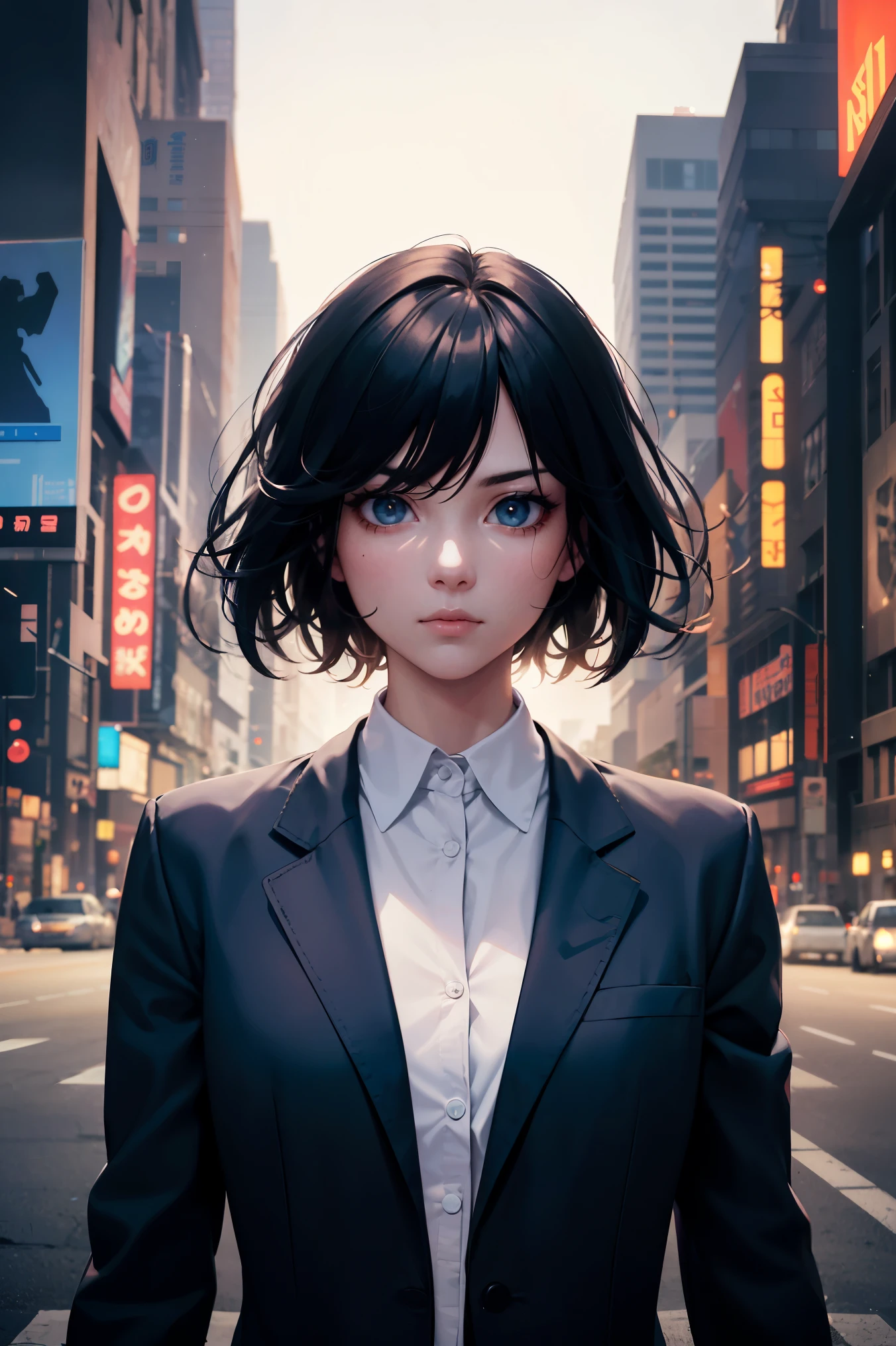 16k, human development report, RTX, Ray tracing, natural lighting, ridiculous, A masterpiece of the best quality, perfect anatomy、Highly detailed face, delicate eyes, 1 girl, alone, wearing a suit, shirt, The top button opens, beautiful hair, extremely beautiful, Impatient, cool, of halos, windy, glowing eyes, Serious expression, dystopian city, futuristic, Detailed background, Award-winning, neon lights, Popular topics on art sites