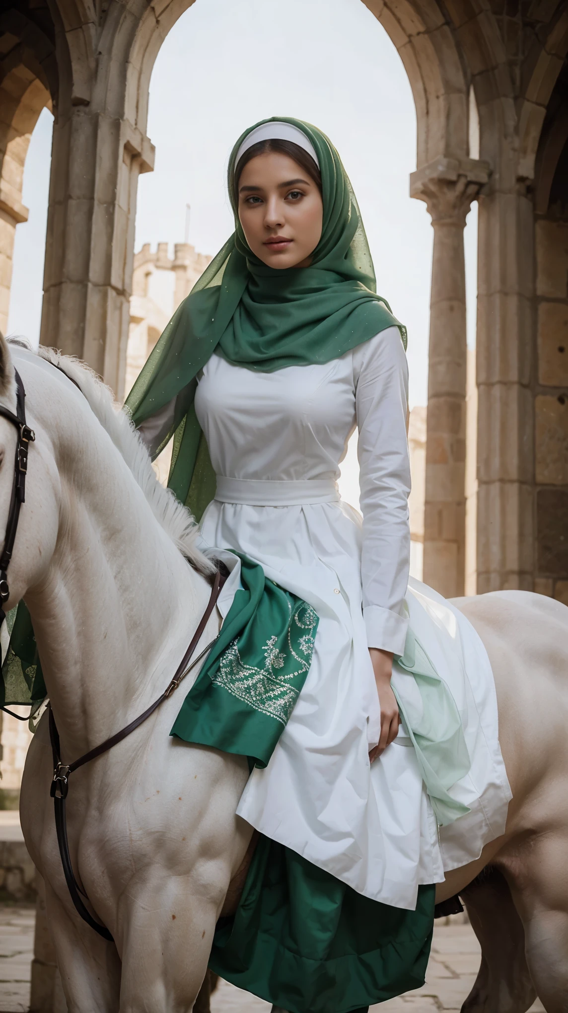 Photorealistic a beautiful lady 25 years old wearing green hijab, wearing white dress covering whole body, riding white hourse, medieval background