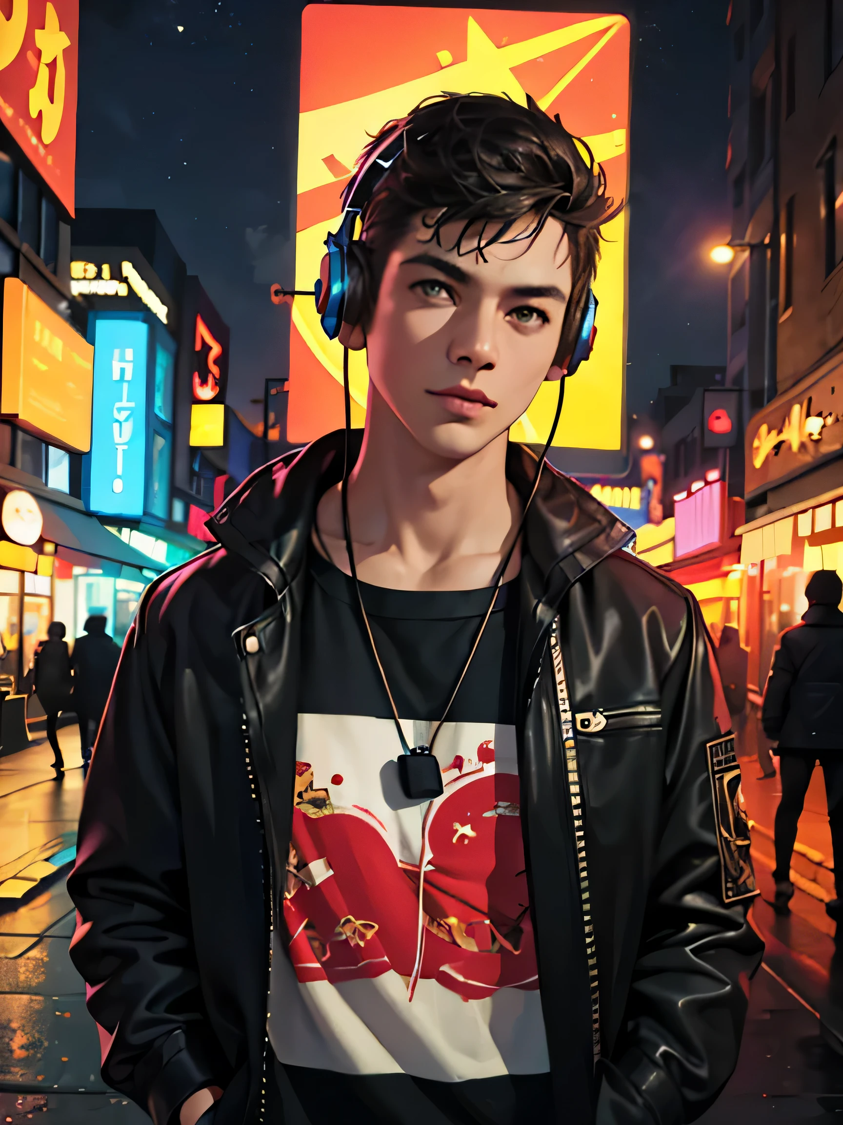 (best quality,highres,realistic:1.37)man wearing headphones at night,street scene,detailed facial features,nighttime vibes,dark atmosphere,UHD,starry sky,bokeh lights,vivid colors,urban setting,portraits,dynamic pose,headphone cable,body silhouette,hustle and bustle,shadows and highlights,sharp focus,contrast,streetlights,cityscape lights,facial expression,stylish outfit,cool attitude,photorealistic texture,trendy,modern,nightlife ambiance,atmospheric lighting,street art,graffiti style,dreamy,music lover,beat rhythm,urban sound,nighttime activity,energetic,alive,exciting,nostalgic,city night