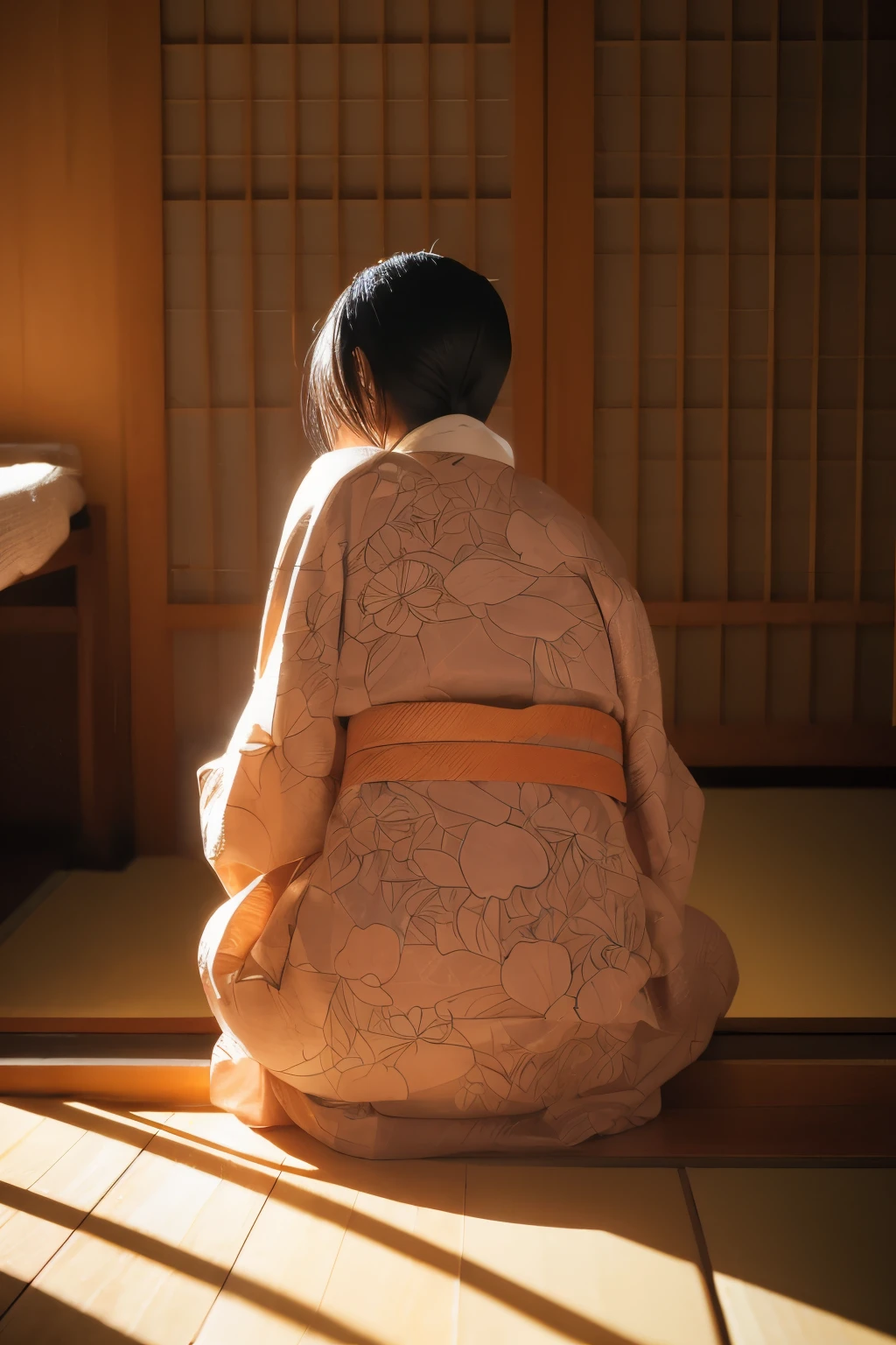 (Realistic photo: 1.5), (Young Japanese woman: 1.3), (Geisha outfit: 1.2), (White face: 1.3), (Prostitute: 1.1), (Sitting alone: 1.2), (In a room: 1.3), (Studio lighting: 1.2),
The room is bathed in subdued, realistic light, the atmosphere softened by its wooden walls and traditional Japanese decor from the 1980s. The woman, dressed in an authentic geisha outfit, sits alone, her expression obscured as she faces away from the camera. The back of her tattoo, a detailed