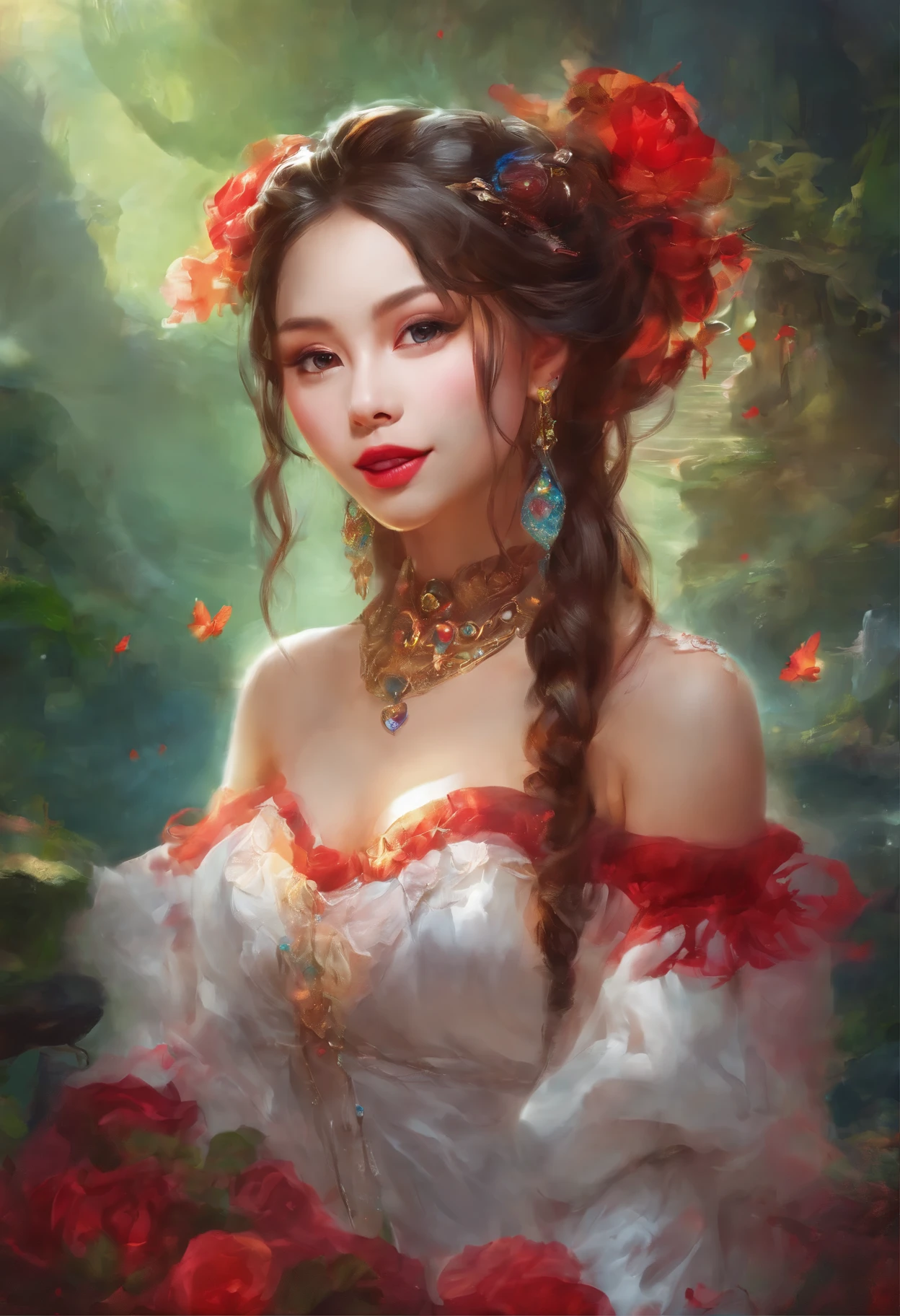 1girl,baiyi,large breasts,red lips,smile,ponytail,realistic