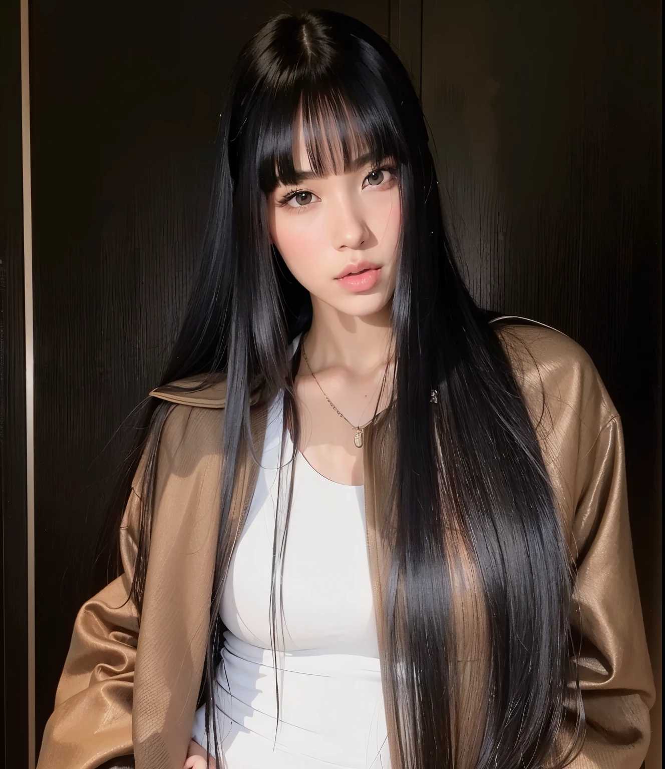 there is a woman with long black hair standing in a room, she has black hair con flequillo, con flequillo completo, long hair con flequillo completo, con flequillo, long hair con flequillo, retrato de Natty kiss of life, long black hair con flequillo, cabello con flequillo negro, el corte de hime, long flequillo recto, flequillo recto, Natty kiss of life