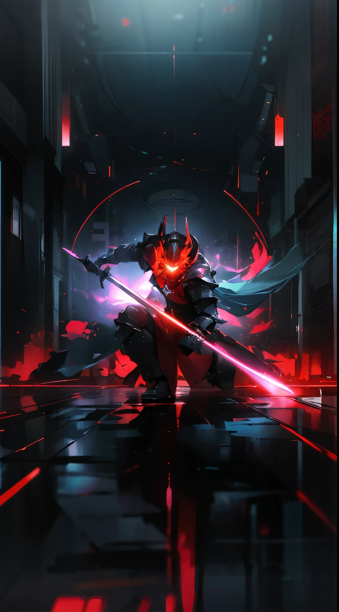 a digital artwork that shows a dark and imposing figure, action pose, that looks like a warrior, holding sword, full armor, in the midst of a futuristic environment | style: sci-fi, fantasy | effects: dramatic lighting, luminous particles, bright red ring behind the head, liquid floor, cel-shaded anime style