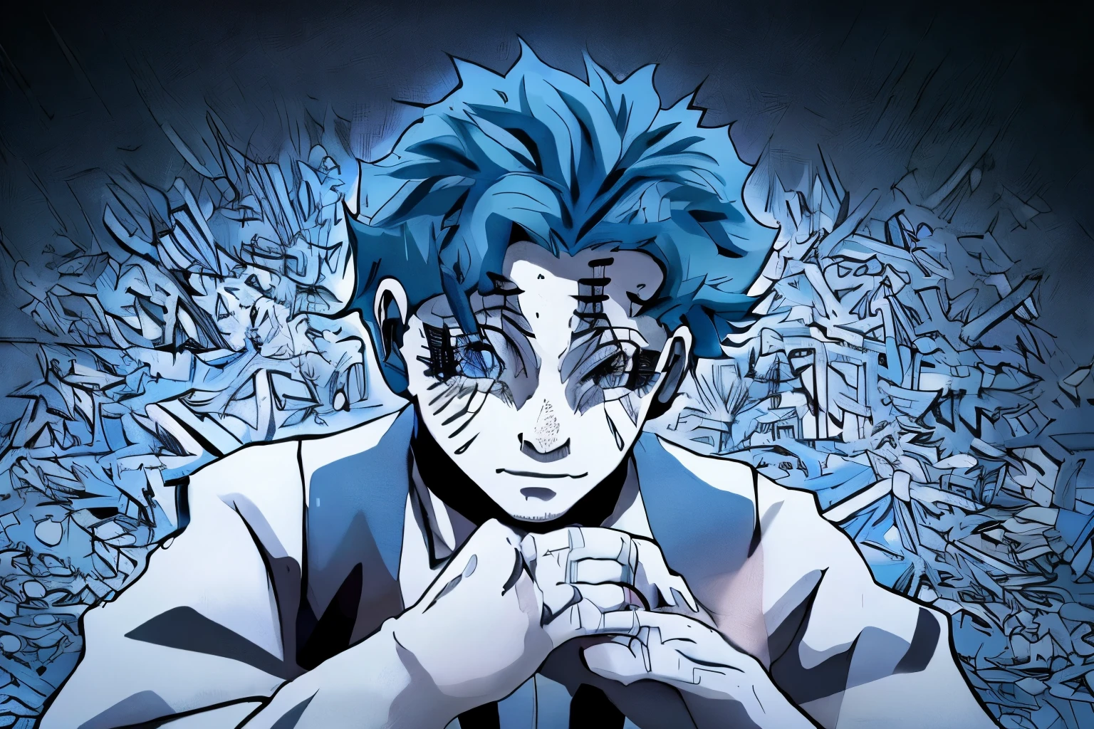(melhor qualidade, alta qualidade:1.4), obra de arte, super fine illustration, absurdos, ultra-detalhado, fundo ultra detalhado, high resolution, Sozinho, 1 , FOCO MASCULINO, cabelo azul, pele cinza, cabelo azul escuro, olhos verdes, cabelo curto, akaza kimetsu