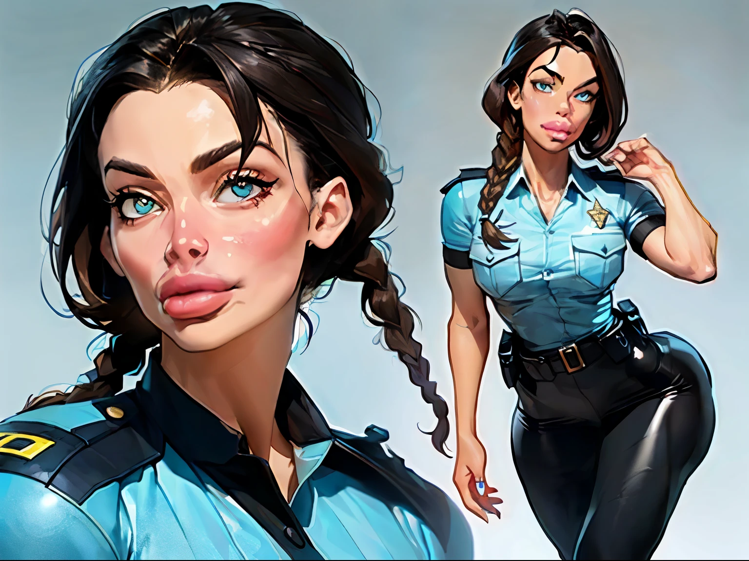((masterpiece)),(((best quality))),((character design sheet)), illustration,1woman, environment Scene change, (long braided hair:1.4),((futuristic police officer:1.5)), muscular, black legs, thick legs, (pale skin:1.3)scribbles and marks, light blue shirt, ((detailed face:1.1)), rough sketches, (puffy lips:1.5), pose too, ((brunette hair:1.2)), (police officer outfit:1.3) , 8k,16k, (simple background, light background: 1.3)