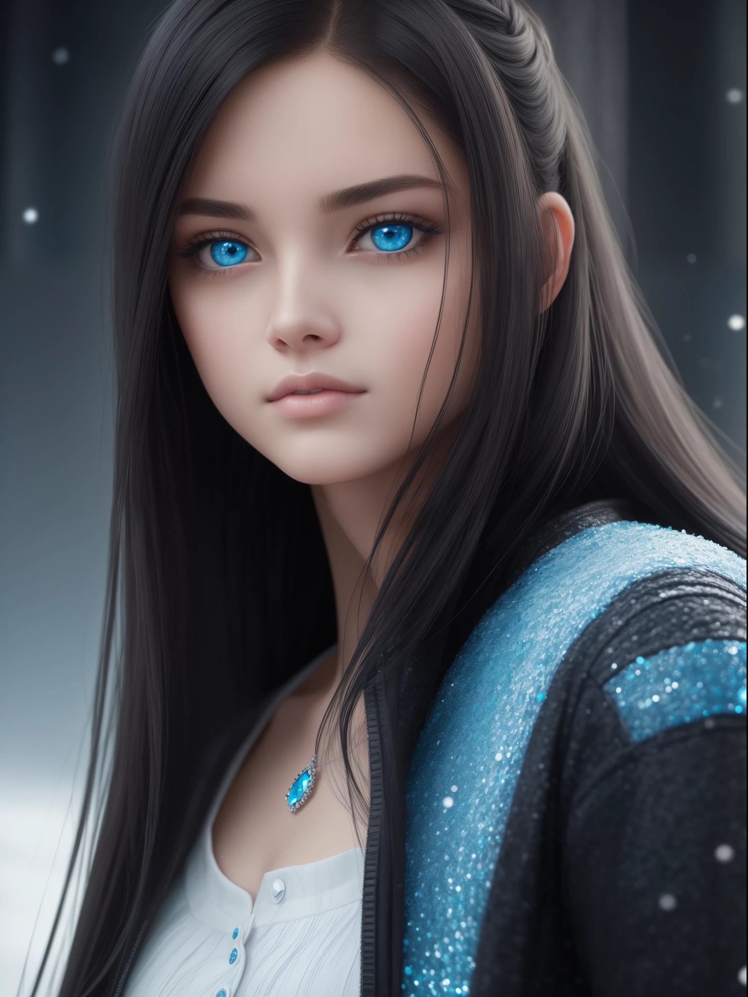 ((top-quality)): This image showcases a girl with an independent aura, donning a black jackets that embraces her cold attitude. She is deeply settled into her surroundings, radiating a sense of calm and relaxation. Her dark hair cascades down in smooth Bob Hair style with linear art detail. ((masterpiece)): Capturing her intricate features, this ultra-detailed image portrays a girl whose beauty is extremely delicate and captivating. Herexpression is highlighted by her inner color contrast between deep-set, cold, and piercing bright blue eyes. The background is icy and cold, adding to her overall enigmatic presence. ((ultra-detailliert)): The girl in this ex
