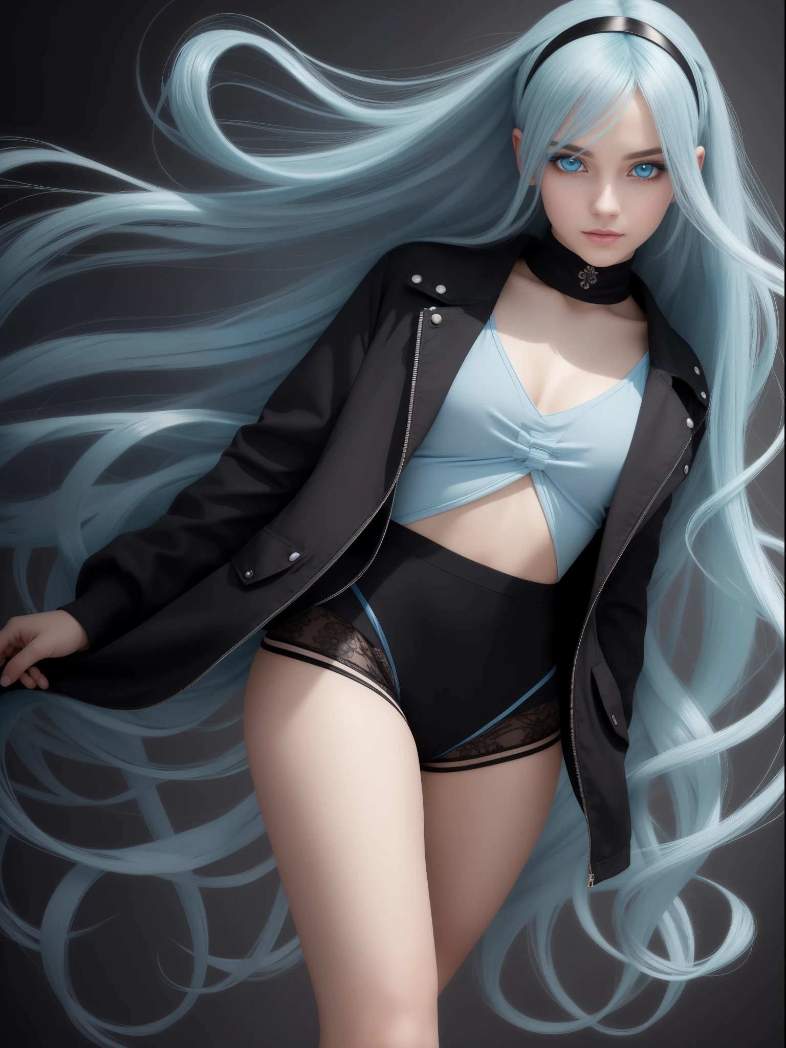 ((top-quality)), Beautiful girl with an independent piano playing posture, ((cold attitude)), wrapped in a black jacket, ((extremely delicate and beautiful)), ((ultra-detailed)),
She is very much at ease with the ((settled down)) looks,
A dark-haired beauty with a depth of fields,
An evil smile playing on her lips,
An air bubble rising under the water's surface,
Bright, light blue eyes with an inner color that contrasts her black hair and light blue tips,
Cold background adding to her mysterious allure,
Bob Hair styled Linear Art,
Sheer clothes revealing shortpants and knee-high socks,