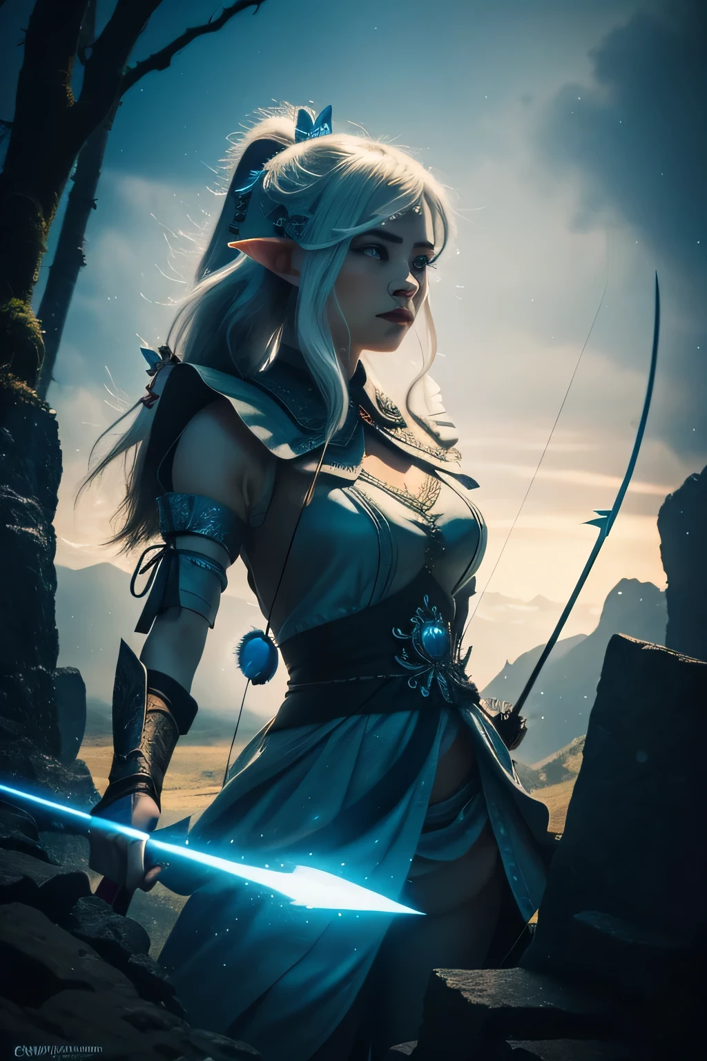 a portrait of Emiru as a princess elf with a bow and a bow in the air, white and blue clothes, surrealistic digital artwork, beautiful digital artwork, bow and arrow, archer bow, white hair, 4k highly detailed digital art, symmetrical epic fantasy art, digital artwork 4 k, 4k detailed digital art, with bow and arrow, dramatic artwork, fantasy art, fantasy digital art, artistic illustration, dark smoke