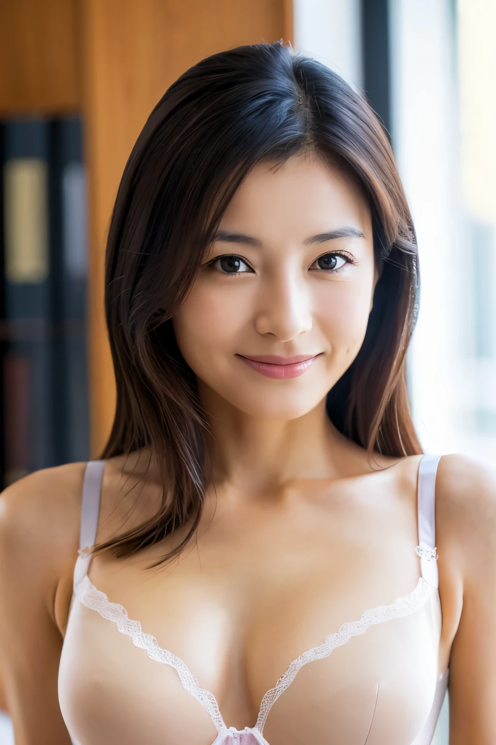 masterpiece,best quality,(Japanese ),((Beautiful girl)),cleavage,indoor,(perfect body beauty:1.2),(shy smile),beautiful teeth,