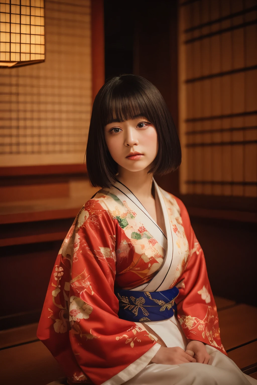 Realistic photo of a young Japanese woman in a geisha outfit, white face, with a hint of melancholy, sits alone in a traditional wooden room decorated in a Japanese style from the 80s. The room is bathed in studio lighting that illuminates every detail, revealing the intricate back design of a dragons tattoo on her shoulder blade. The sharpness level is at 8k, captured with a DSLR super35 lens, creating a captivating bokeh effect that adds to the mystic allure of the image. With a low contrast, the scene invites the viewer to delve deeper into the story of this enigmatic geisha.