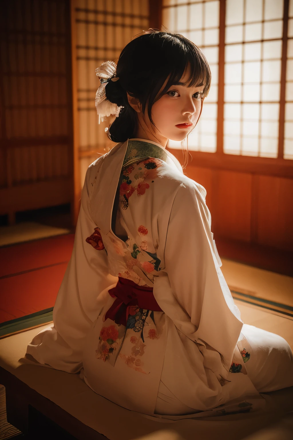 Realistic photo of a young Japanese woman in a geisha outfit, white face, with a hint of melancholy, sits alone in a traditional wooden room decorated in a Japanese style from the 80s. The room is bathed in studio lighting that illuminates every detail, revealing the intricate back design of a dragons tattoo on her shoulder blade. The sharpness level is at 8k, captured with a DSLR super35 lens, creating a captivating bokeh effect that adds to the mystic allure of the image. With a low contrast, the scene invites the viewer to delve deeper into the story of this enigmatic geisha.