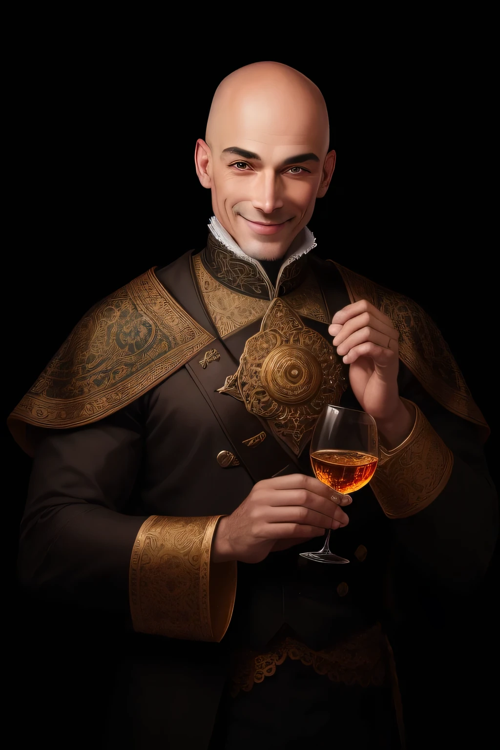 In exquisite detail, the man is depicted bald-headed, beaming with a broad, cheerful smile. His eyes radiate warmth and happiness, complementing his content expression. He holds an iron glass delicately in his hands, its surface reflecting his jovial countenance. The glass is intricately designed with intricate etchings on its surface, creating an alluring contrast against the man's bald pate. The scene is rendered in stunning 8K resolution, with each pixel meticulously crafted to bring out the rich textures and colors. The lighting is stylized, casting an amber glow over the man and giving the image a unique, captivating charm. This