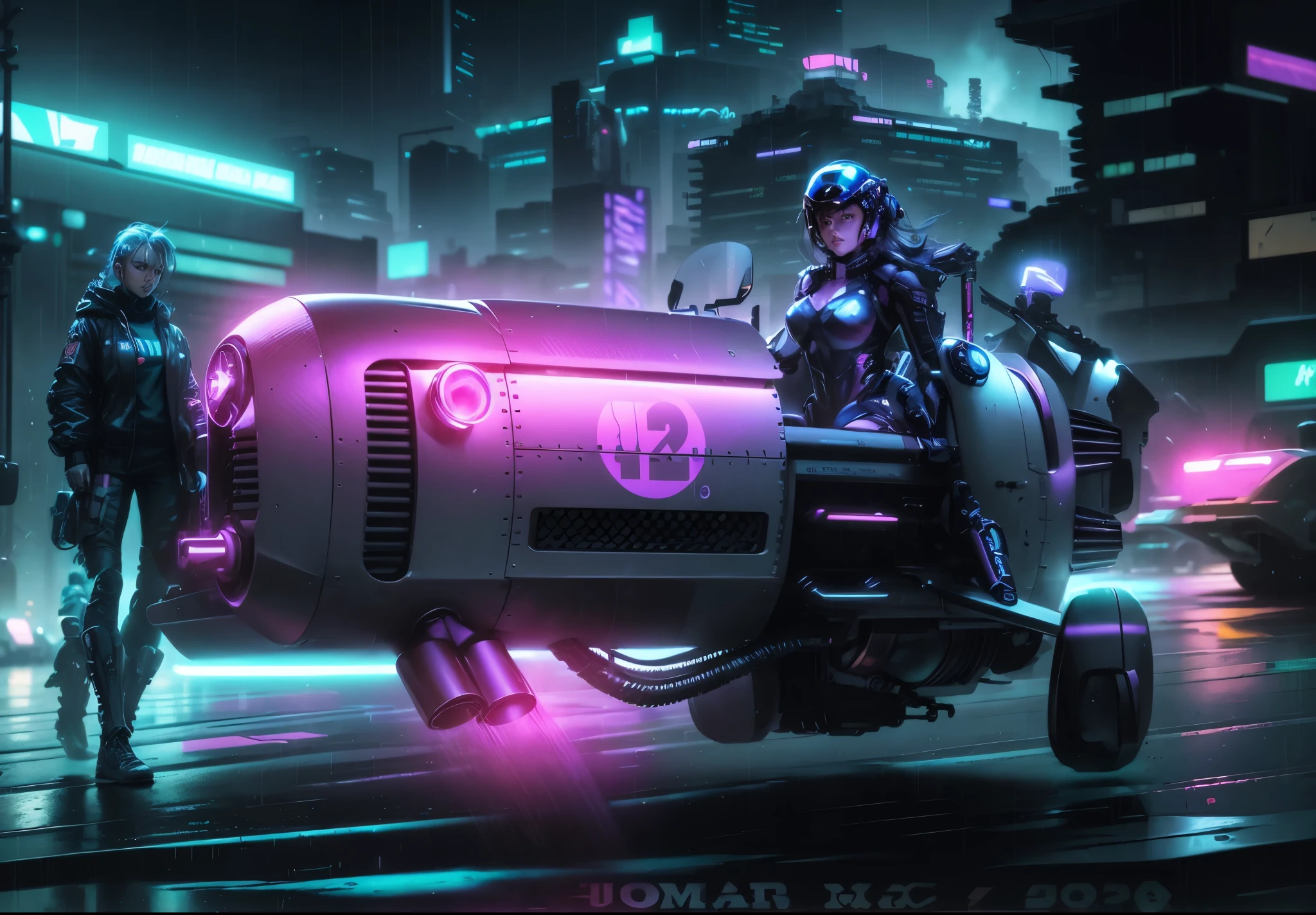 A neon-drenched cyberpunk cityscape cloaked in a persistent mist and slick with rain. Towering megastructures, their facades a kaleidoscope of holographic advertisements and flickering data streams, loom behind the foreground action. A sleek, custom-modified hover bike roars through the misty air, its sleek lines barely visible but for the angry glow of its repulsor engines and the double lances of fire erupting from its exhaust pipes. Astride the bike sits a woman of striking beauty, her face framed by a sleek pilot's helmet that reflects the city's neon symphony. Her eyes, sharp and emerald green, blaze with determination as she grips the controls, her gloved hands expertly maneuvering the hover bike through the chaotic airspace. Behind her, the cyberpunk city unfolds in a tableau of violence and intrigue. Clad in gleaming armor and wielding high-tech blades, two rival warrior clans clash in a brutal street battle, their movements blurred by the rain and the swirling mist. Sparks fly as plasma swords meet, metallic armor groans under the impacts, and guttural battle cries pierce the thick atmosphere. Sensory details: The acrid tang of exhaust fumes mixes with the metallic scent of rain and the ozone tang of plasma energy. The ground trembles with the thudding impact of clashing blades and the muffled boom of sonic grenades detonating amidst the neon-lit buildings. The woman's breath steams inside her helmet as she leans into the turn, her senses tuned to the high-pitched whine of the hover bike's repulsor engines and the distant screams of the battling warriors. Overall tone: Gritty, action-packed, cyberpunk noir with a touch of female empowerment.