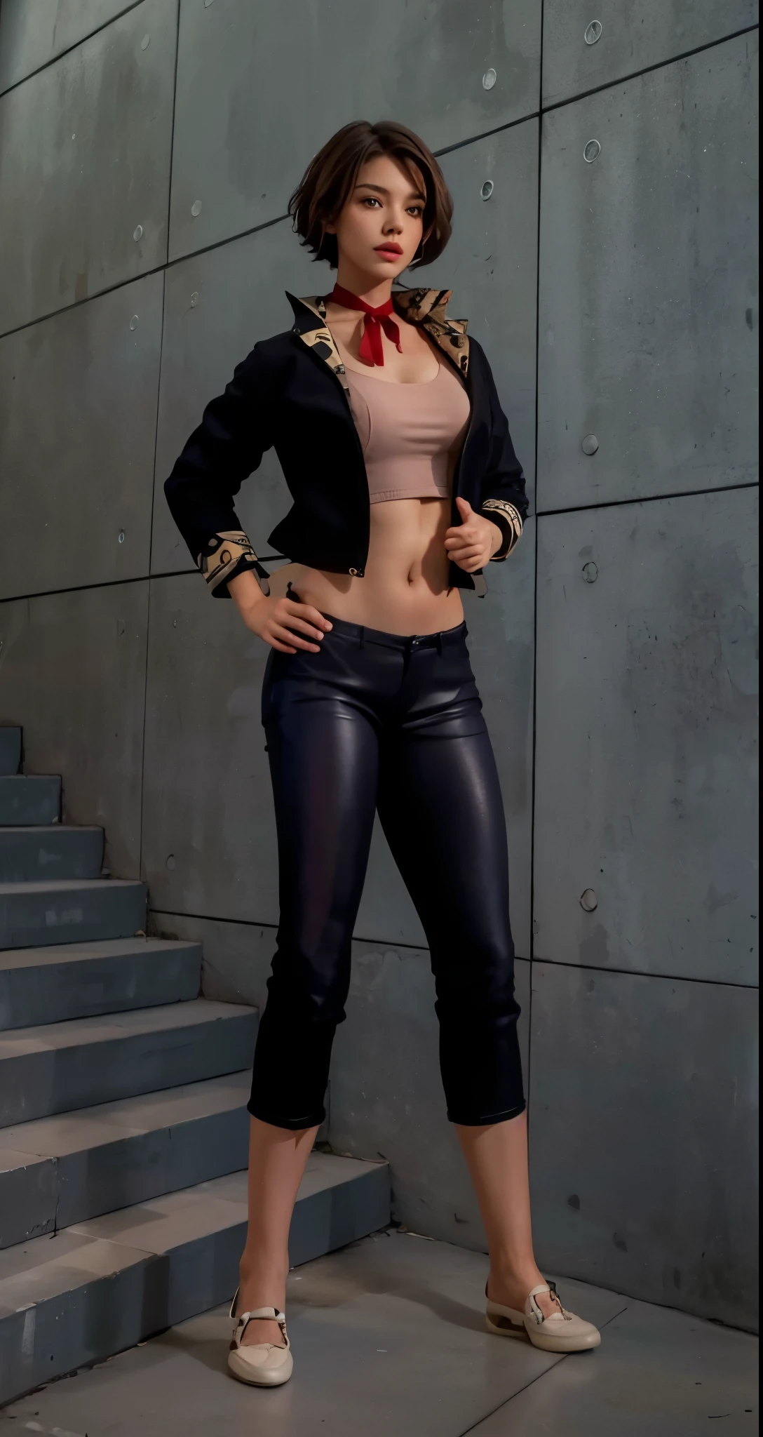 Real life adaption of this character, beauty American girl face, realistic same short hair, eyes looking to camera,detail eyes,realistic same outfit,wear Red ribbon around his neck , realistic same jacket, with same pattern, realistic same pants, realistic same shoes, realistic background, realistic light, realistic shadow, realism, hyper realistic,(photorealistic 1:2),high definition,detail,4k