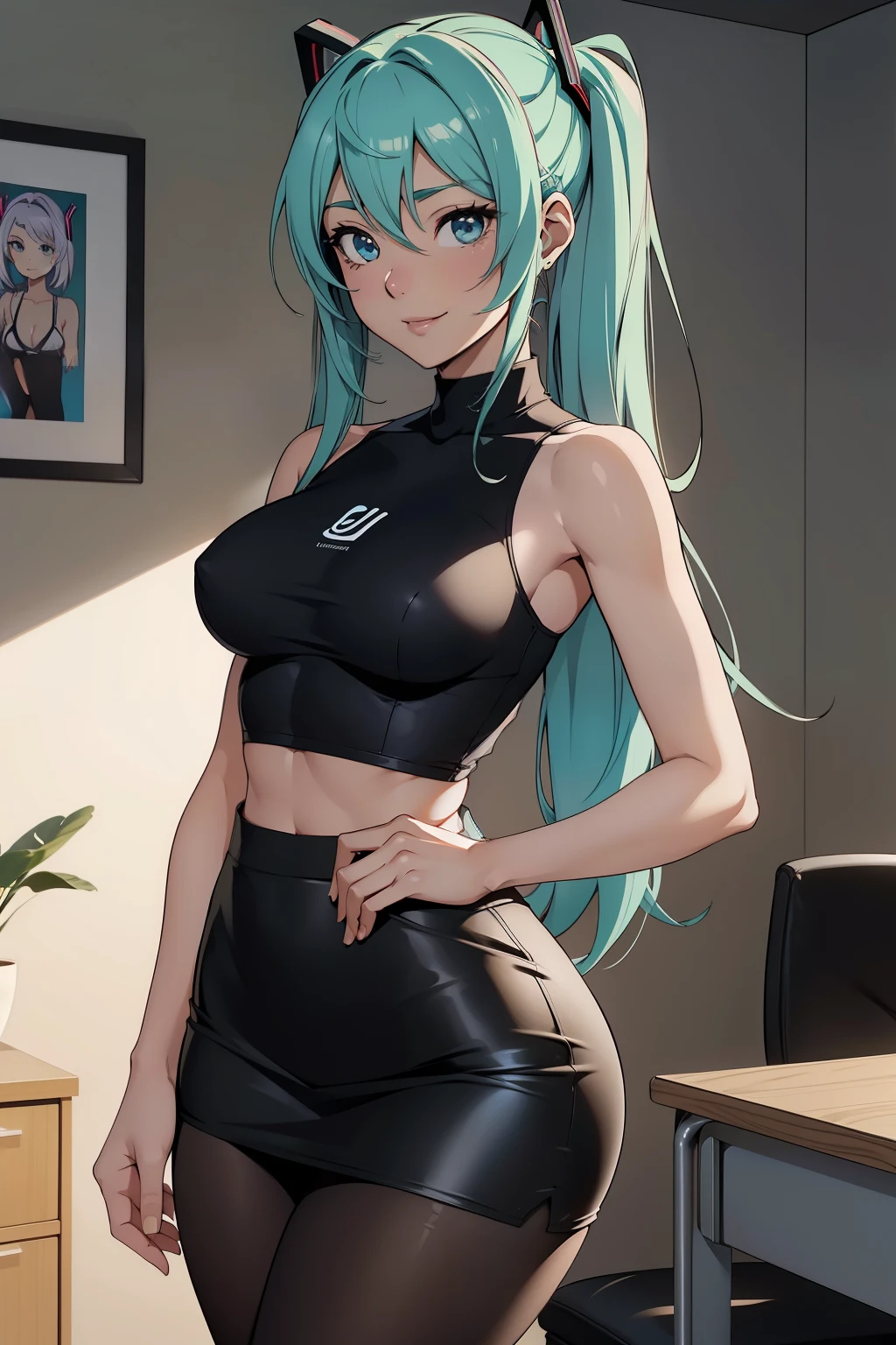 obra-prima、Qualidade de imagem superior、Super high resolution、Miku Hatsune、cabelos azuis、Cauda dupla、cabelo curto、sorriso fofo、Camisas brancas、pencil skirts、colete xadrez、seios firmes、seios bem formados、black pantyhose、Calcinha estilosa、calcinha branca、Sente-se de pernas cruzadas em uma cadeira de desk、desk