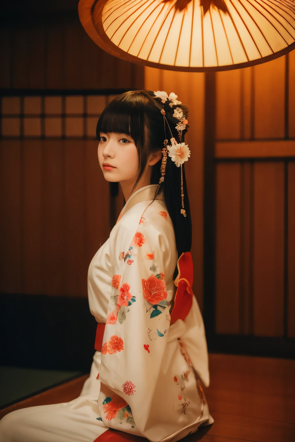 Realistic photo of a young Japanese woman in a geisha outfit, white face, with a hint of melancholy, sits alone in a traditional wooden room decorated in a Japanese style from the 80s. The room is bathed in studio lighting that illuminates every detail, revealing the intricate back design of a dragons tattoo on her shoulder blade. The sharpness level is at 8k, captured with a DSLR super35 lens, creating a captivating bokeh effect that adds to the mystic allure of the image. With a low contrast, the scene invites the viewer to delve deeper into the story of this enigmatic geisha.