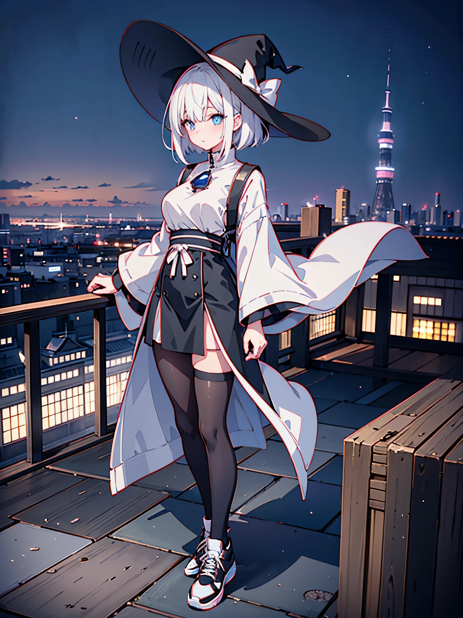 An adult woman lingering on the roof of a building overlooking the night view of Tokyo and the sea.、She has white lob hair with a short bob and wears a large black witch hat with sapphire accessories.、her appearance is stylish、she is wearing a long black coat、I&#39;m wearing a white T-shirt、Black long skirt、Black sneakers with white shoelaces、black tights、Black Short Leggings、2D illustration、Japan anime、drawn by Japanese ilastrator、high resolution、4K quality、high quality、High resolution、5 million pixels、high detail、No correction