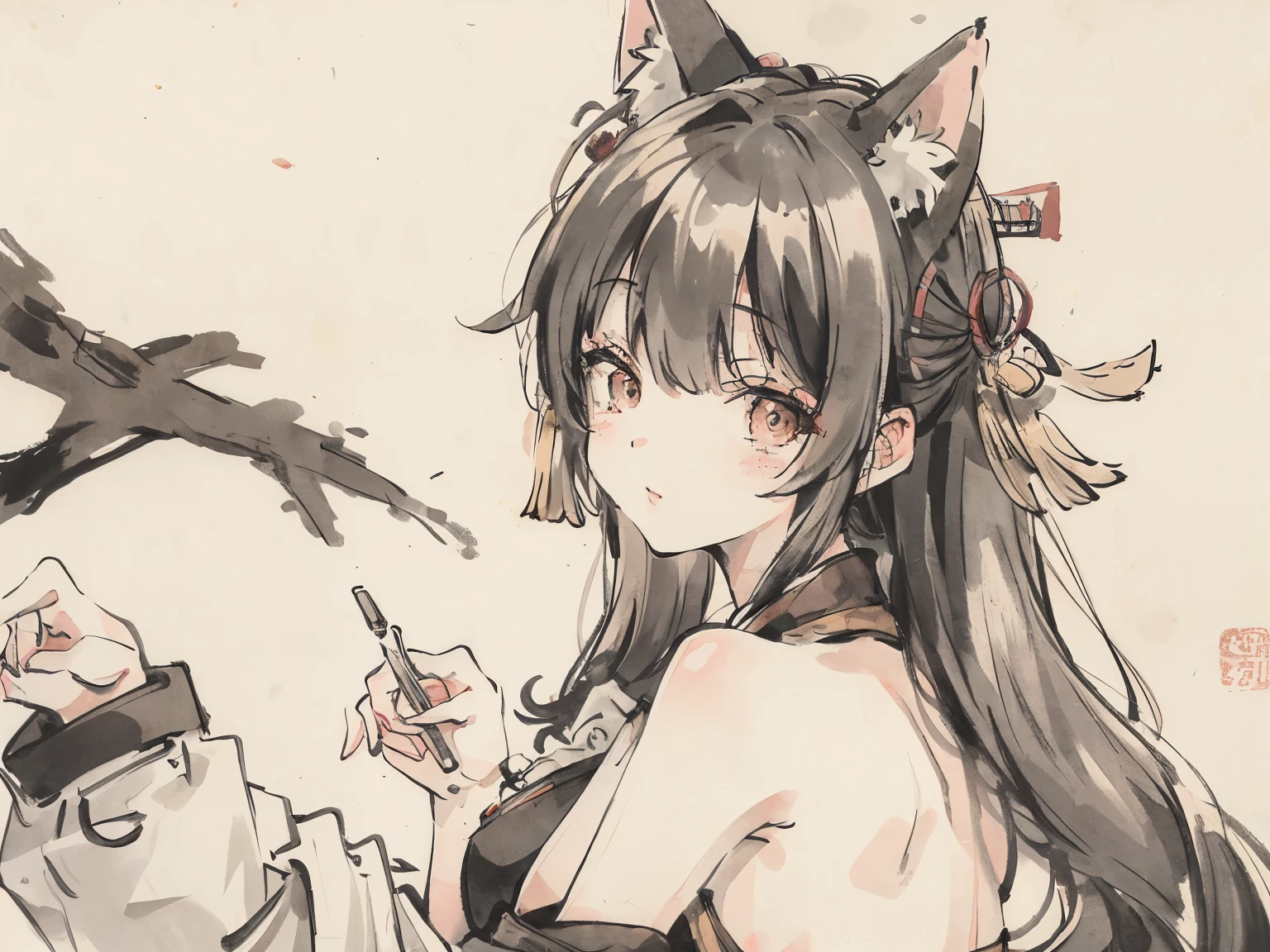 (master piece，best quality：1.2），traditional chinese ink painting，fox ears girl,wearing a leotard