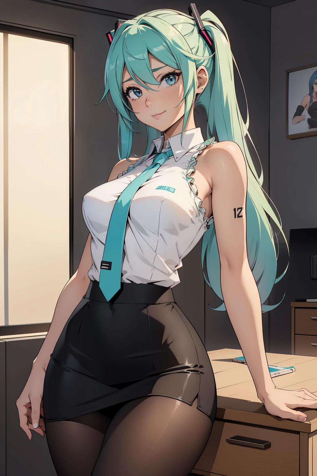 obra-prima、Qualidade de imagem superior、Super high resolution、Miku Hatsune、cabelos azuis、Cauda dupla、cabelo curto、sorriso fofo、Camisas brancas、pencil skirts、colete xadrez、seios firmes、seios bem formados、black pantyhose、Calcinha estilosa、calcinha branca、Sente-se de pernas cruzadas em uma cadeira de desk、desk