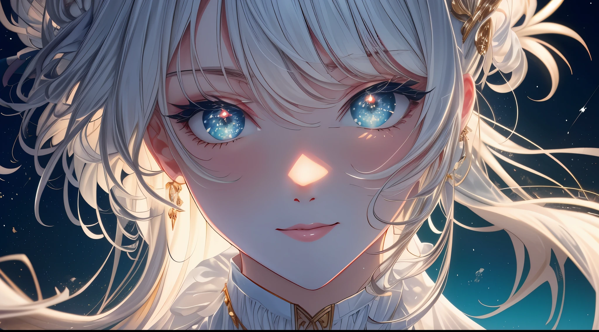 (Mano simple: 0.5) + (mano detallada: 0.7), (obra maestra), (Mejor calidad), pelo blanco, red ojos, 1 chica, pale skin, pelo blanco, red ojos, cabello bicolor, eyelashes, esposas, joyas, Sonrisa, Piel brillante, Cabello brillante, Escenario detallado y majestuoso, fancy, pelo largo, 1 chica, cabello bicolor, cielo nocturno, incredibly detailed CG illustration masterpiece looking at you, animado, beautiful animado ojos, beautiful detailed ojos, ojos, sparkling ojos, Different colored ojos, red ojos, blue ojos, Galaxia, Nebulosa, (Todo el cuerpo), (curva)