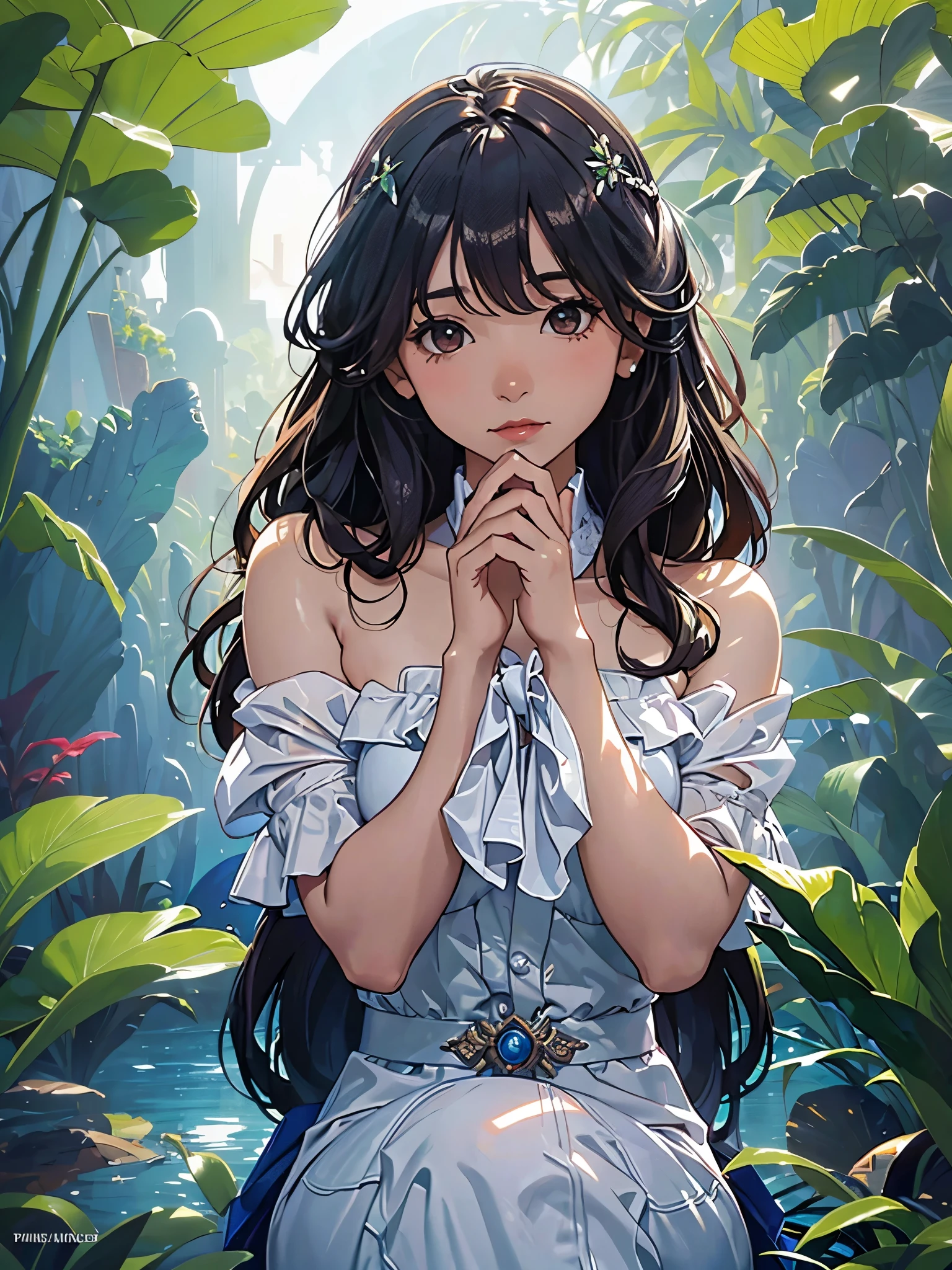 ((SFW)),Masterpiece, High Quality, ((Photoreal))), Cinematic Direction, (High Contrast), Depth of Field, (Award-winning Difference Photo), Face Details, Detailed Drawing, There is a place in the forest where flowers bloom, Girl dancing in a snow-white summer dress in that flower field, Girl , Very long hair with black hair, Summer sky, Summer clouds, Summer dazzling sunlight, Flower garden, Girl with open arms, necklace, crown of flowers, butterfly, fluttering petals, dynamic movement, dance,