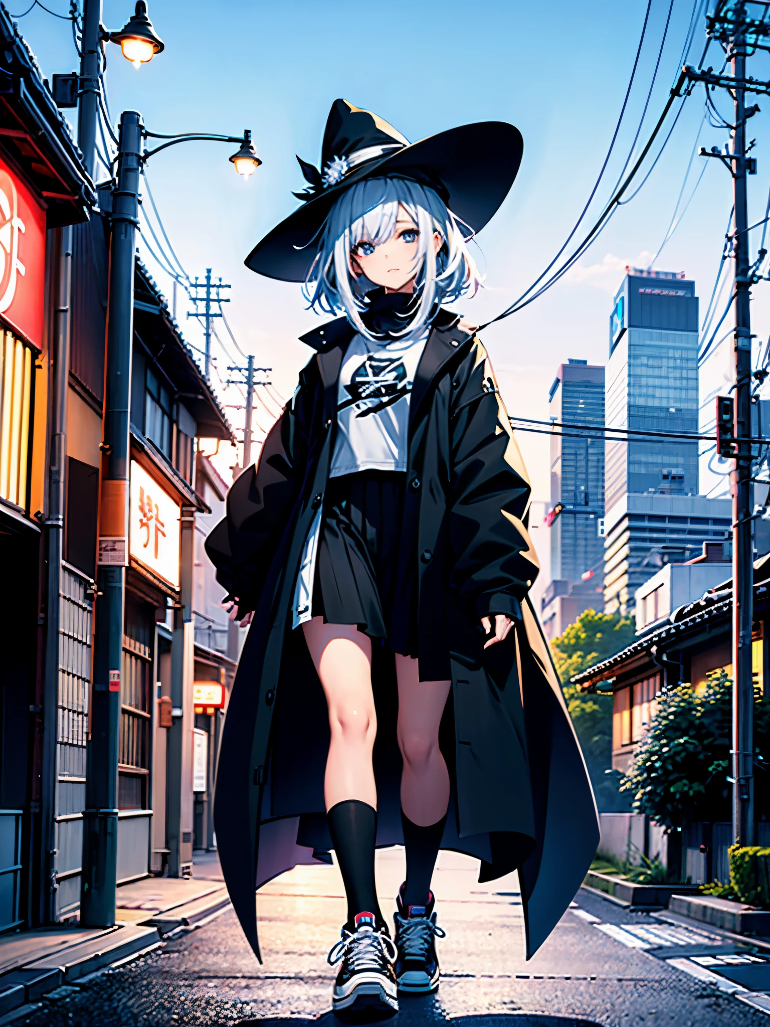 An adult woman lingering on the roof of a building overlooking the night view of Tokyo and the sea.、She has white lob hair with a short bob and wears a large black witch hat with sapphire accessories.、her appearance is stylish、she is wearing a long black coat、I'm wearing a white T-shirt、Black long skirt、Black sneakers with white shoelaces、black tights、Black Short Leggings、2D illustration、Japan anime、drawn by Japanese ilastrator、high resolution、4K quality、high quality、High resolution、5 million pixels、high detail、No correction
