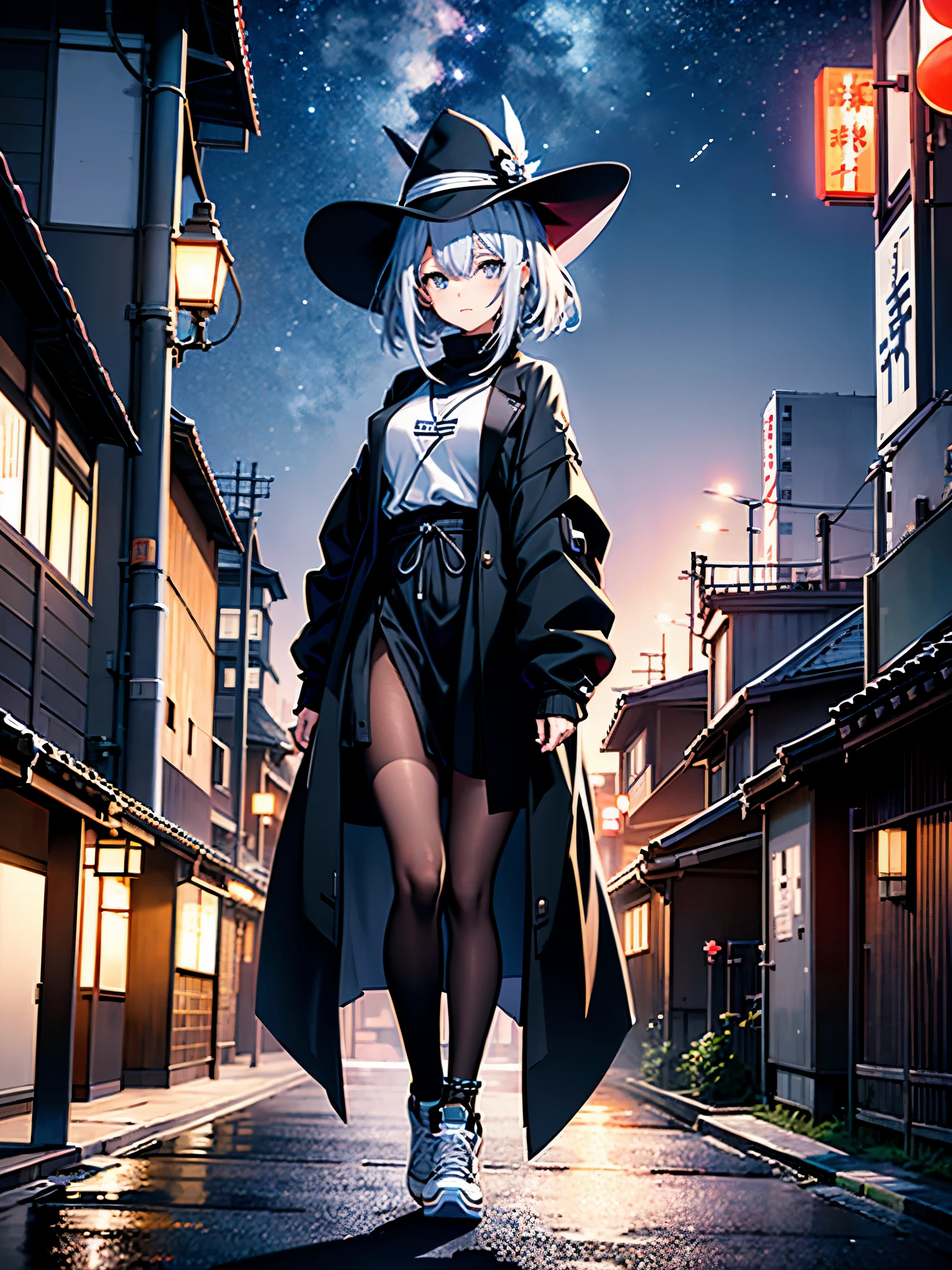 An adult woman lingering on the roof of a building overlooking the night view of Tokyo and the sea.、She has white lob hair with a short bob and wears a large black witch hat with sapphire accessories.、her appearance is stylish、she is wearing a long black coat、I'm wearing a white T-shirt、Black long skirt、Black sneakers with white shoelaces、black tights、Black Short Leggings、2D illustration、Japan anime、drawn by Japanese ilastrator、high resolution、4K quality、high quality、High resolution、5 million pixels、high detail、No correction