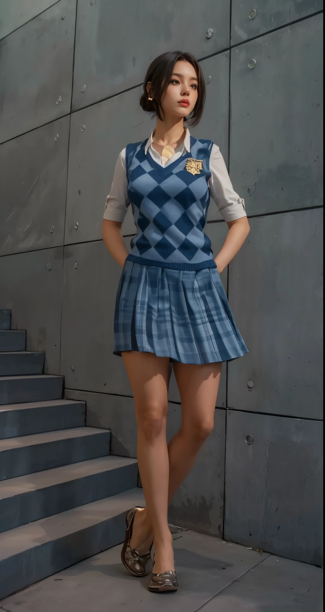 Real life adaption of this character, beauty girl face, realistic same hair, eyes looking to camera,detail eyes,realistic same outfit, realistic same uniform, with same pattern, realistic same skirt, realistic same shoes, realistic background, realistic light, realistic shadow, realism, hyper realistic,(photorealistic 1:2),high definition,detail,4k