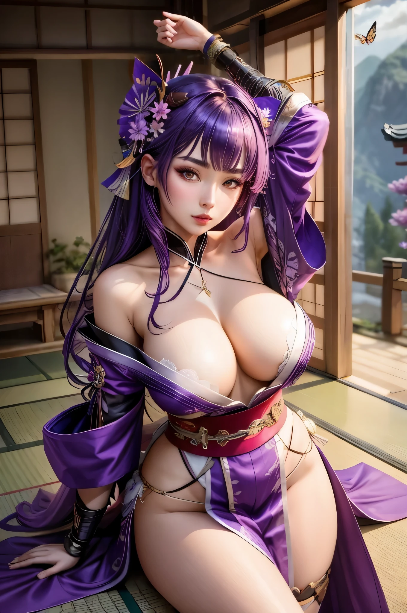 1girl, solo, long hair, looking at viewer, large breasts, hair ornament, cleavage, bare shoulders, very long hair, closed mouth, purple eyes, purple hair, flower, japanese clothes, wide sleeves, kimono, off shoulder, nail polish, armor, arm up, lips, sash, obi, bug, shoulder armor, butterfly, bridal gauntlets, purple nails, kimono, raiden shogun, masterpiece, best quality, shiny