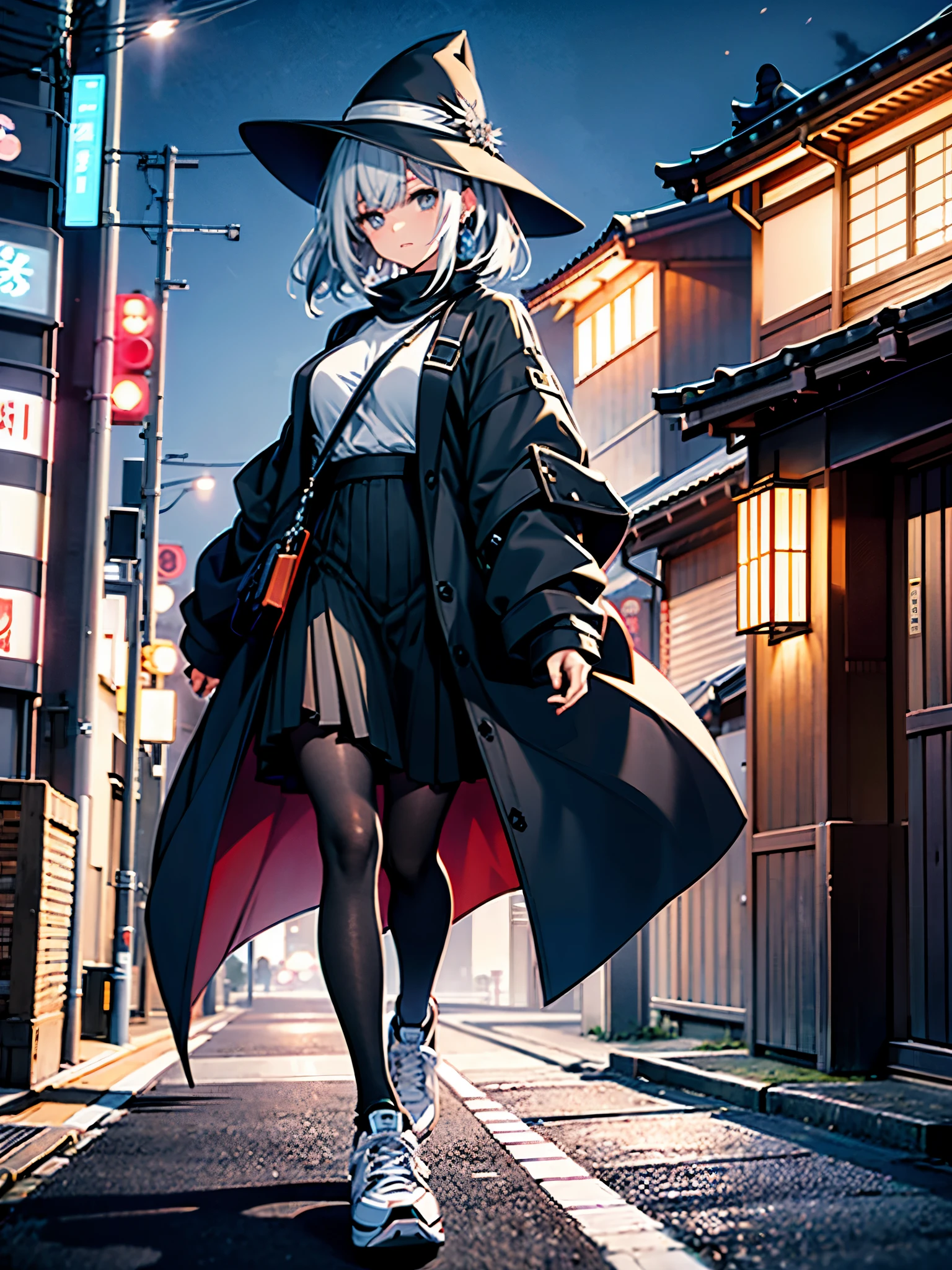 An adult woman lingering on the roof of a building overlooking the night view of Tokyo and the sea.、She has white lob hair with a short bob and wears a large black witch hat with sapphire accessories.、her appearance is stylish、she is wearing a long black coat、I'm wearing a white T-shirt、Black long skirt、Black sneakers with white shoelaces、black tights、Black Short Leggings、2D illustration、Japan anime、drawn by Japanese ilastrator、high resolution、4K quality、high quality、High resolution、5 million pixels、high detail、No correction